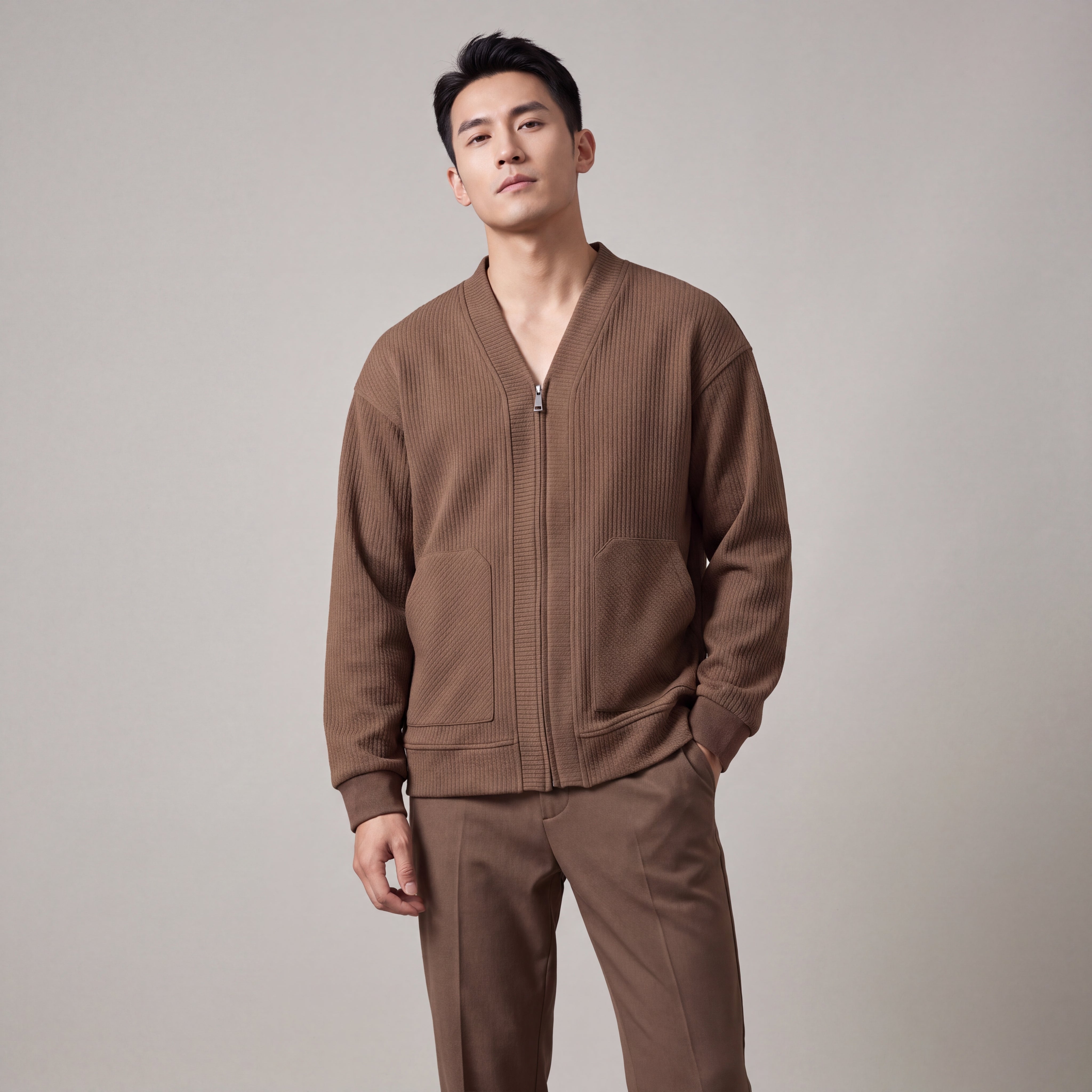 Men's Textured Knit Cardigan with Zipper