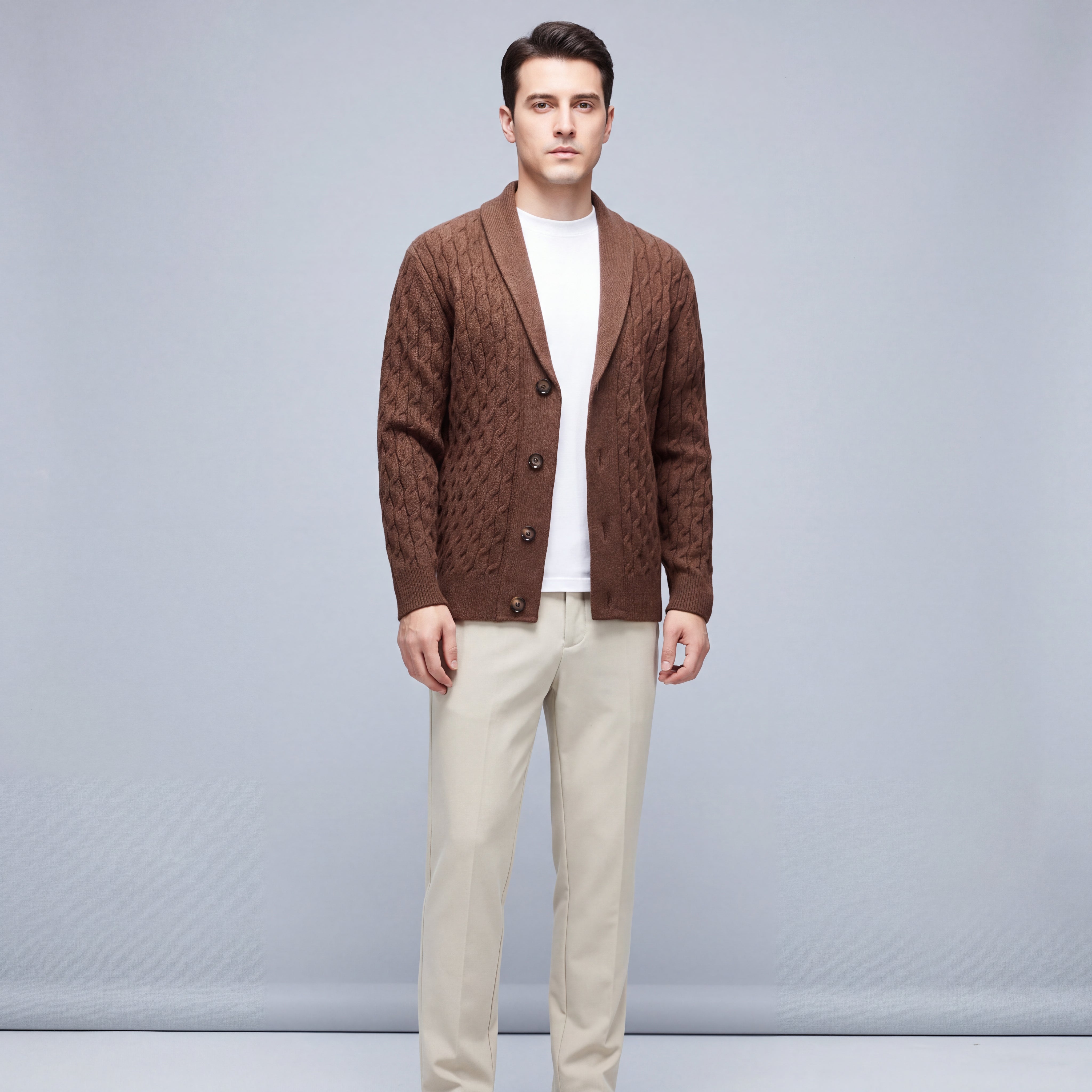 Men's Wool Cardigan with Shawl Collar and Cable Knit