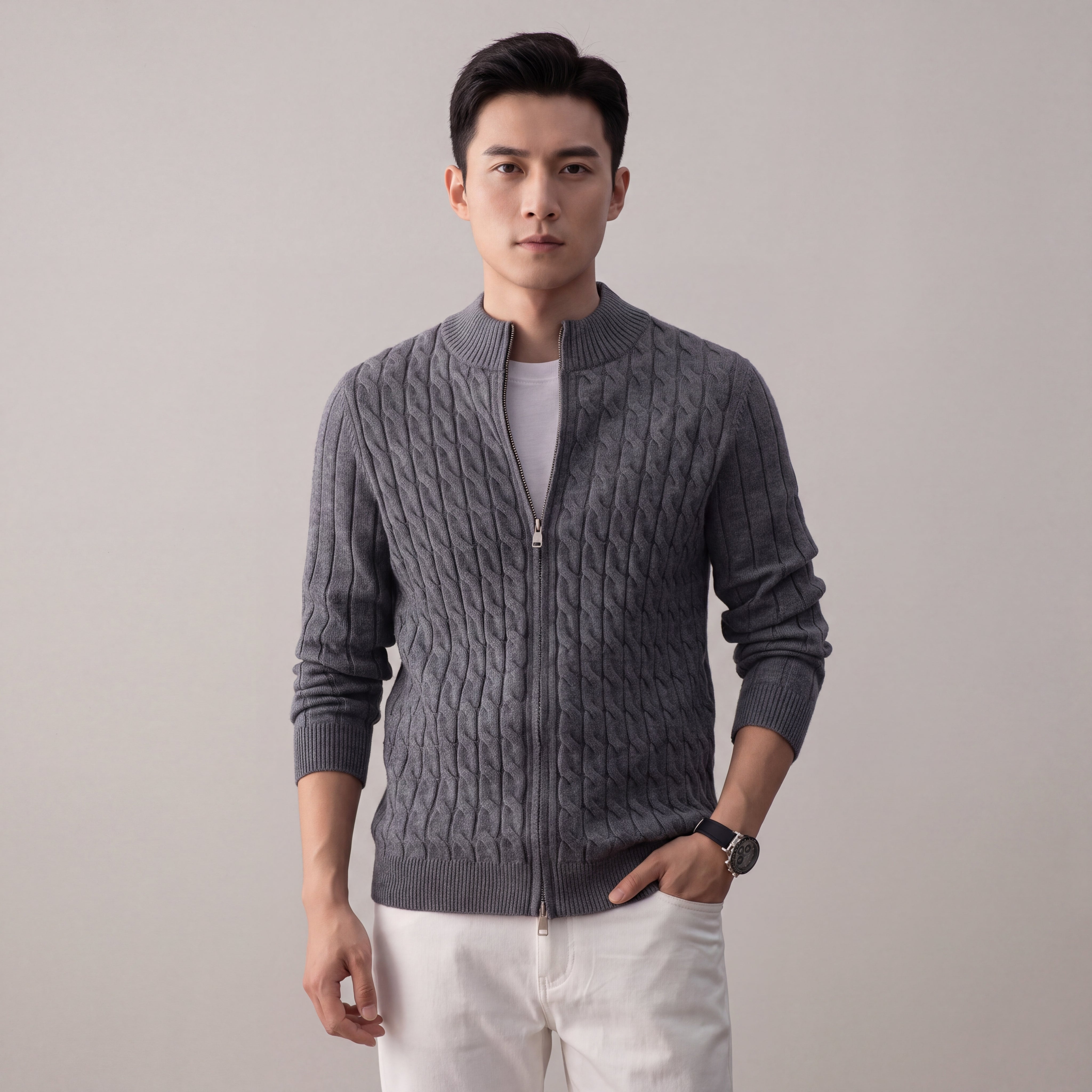 Men's Wool Cardigan with Zipper and Cable-Knit Pattern