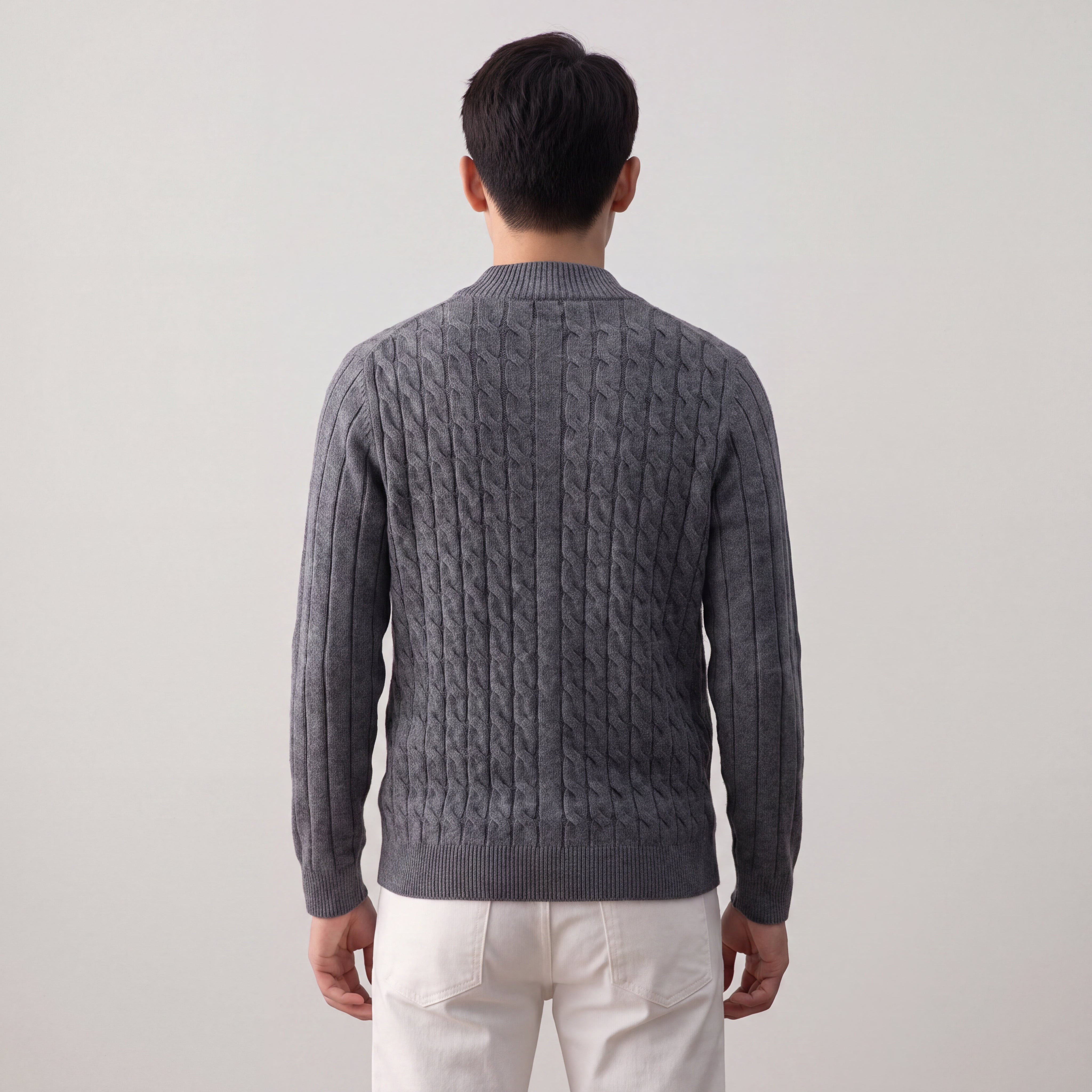 Men's Wool Cardigan with Zipper and Cable-Knit Pattern