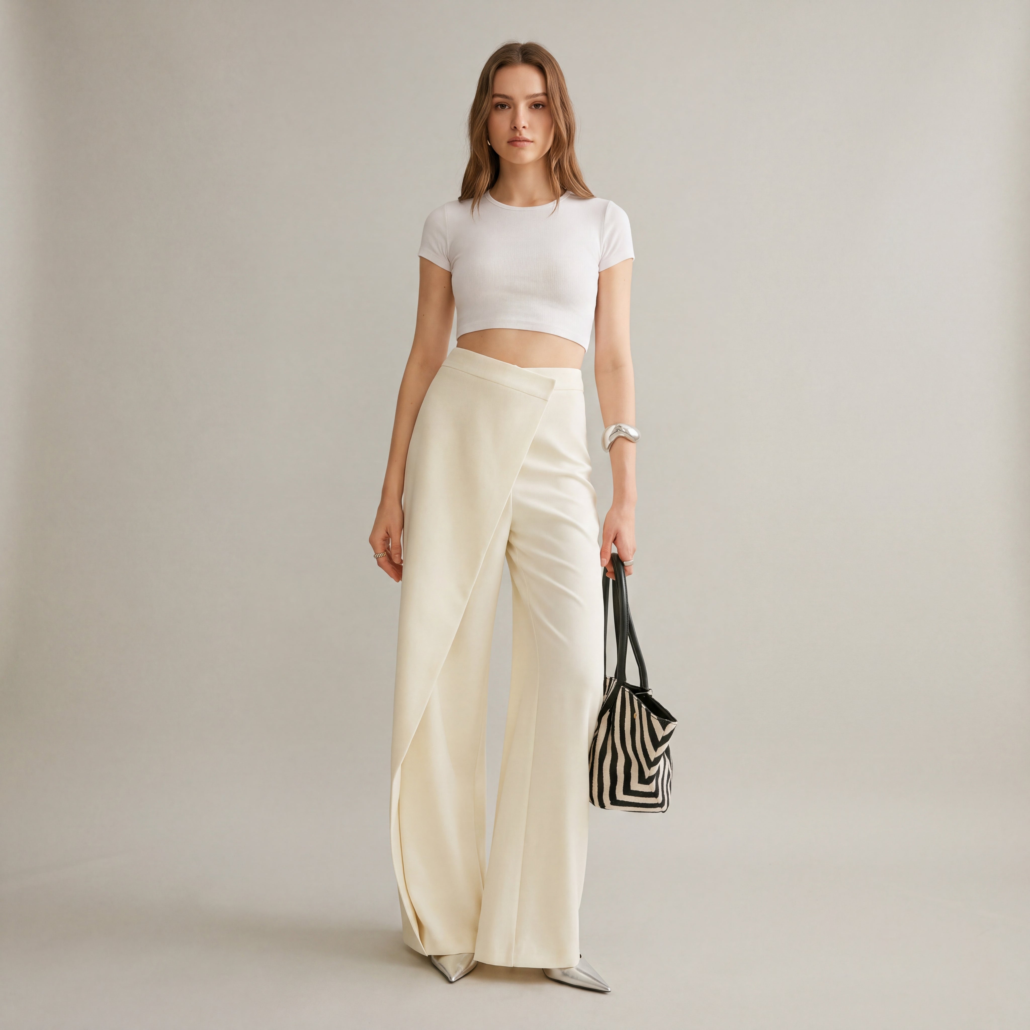 Women's High-Waisted Asymmetrical Wrap Wide-Leg Pants
