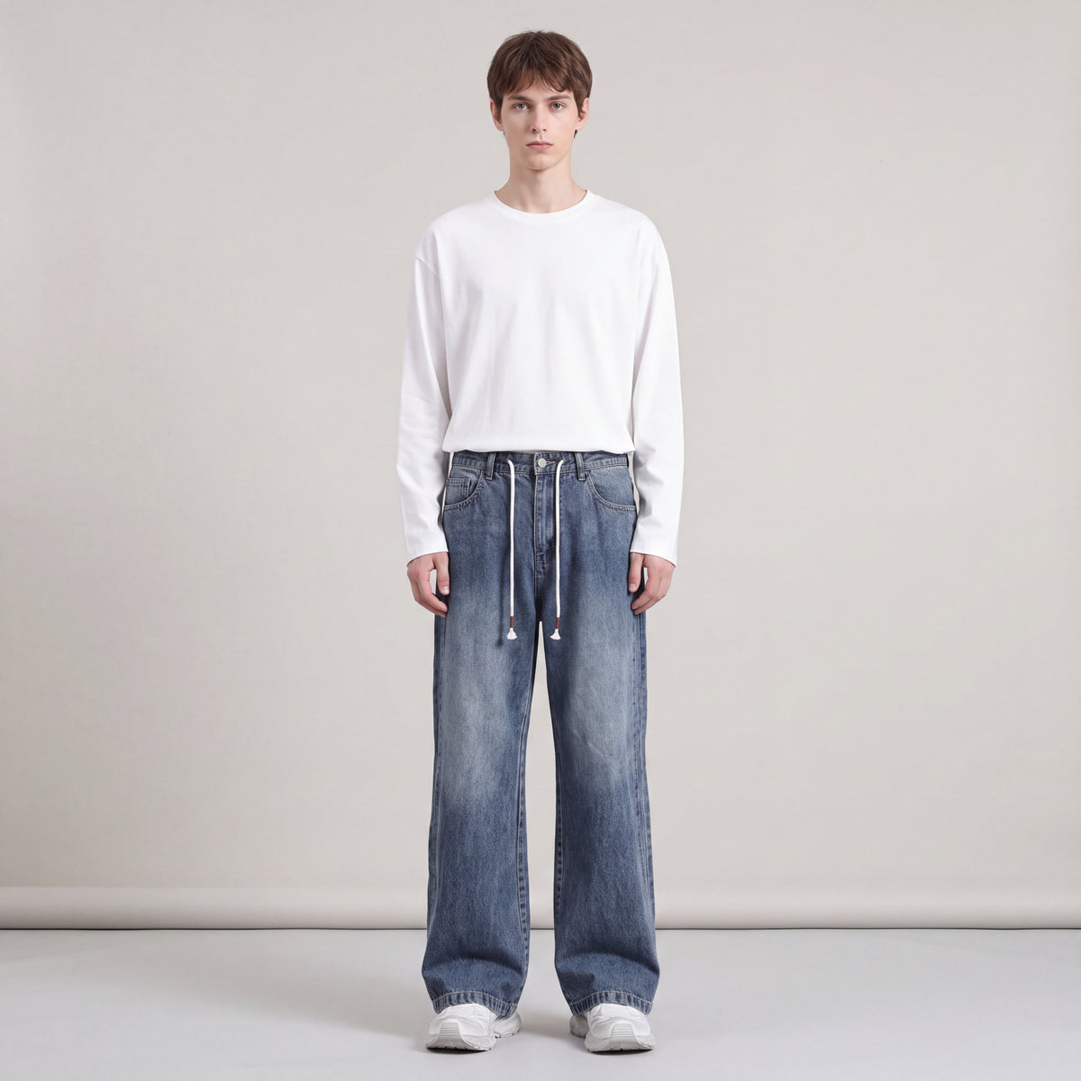 Men's Wide-Leg Denim Baggy Jeans with Drawstring