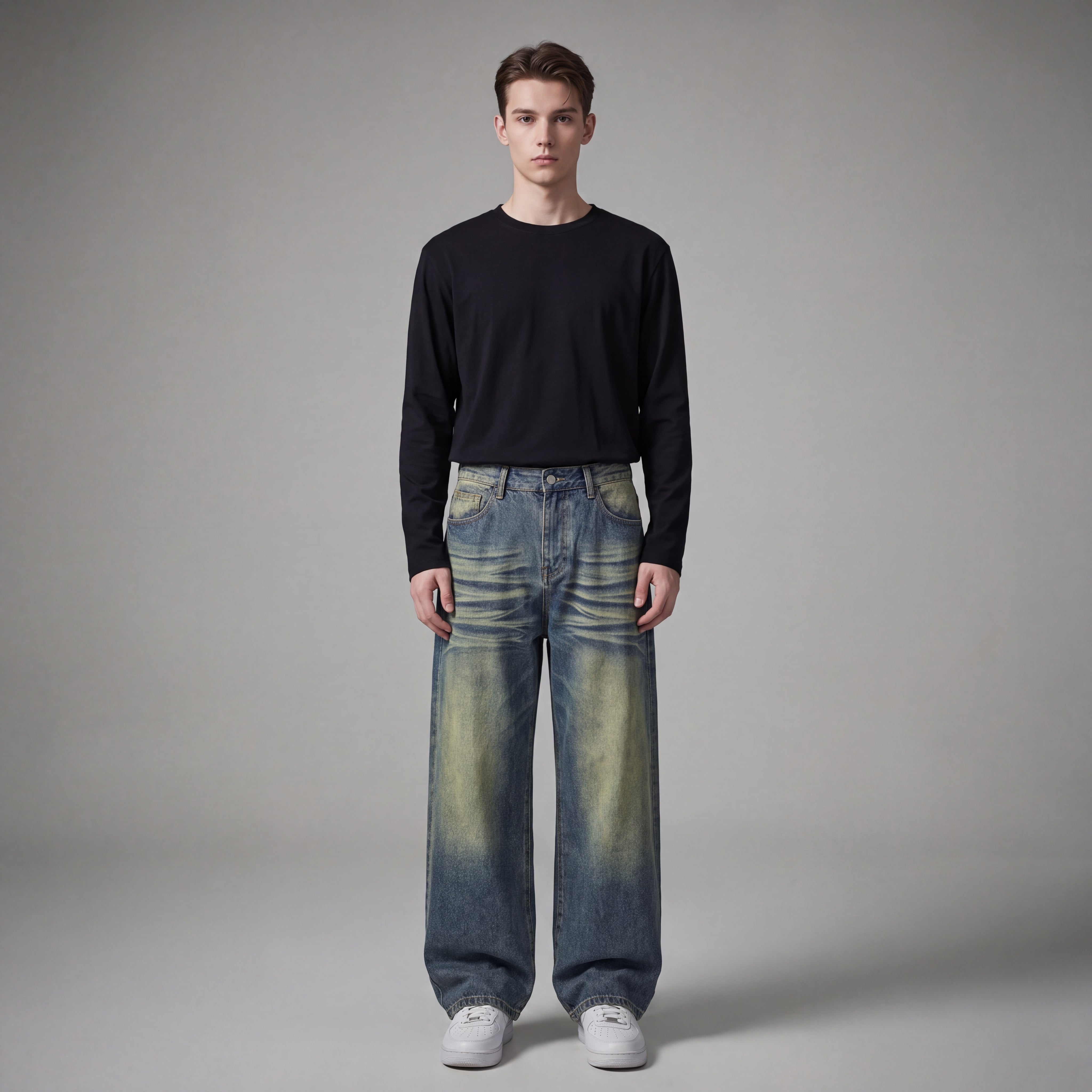 Men's Baggy Jeans in Faded Denim with Exposed Stitching
