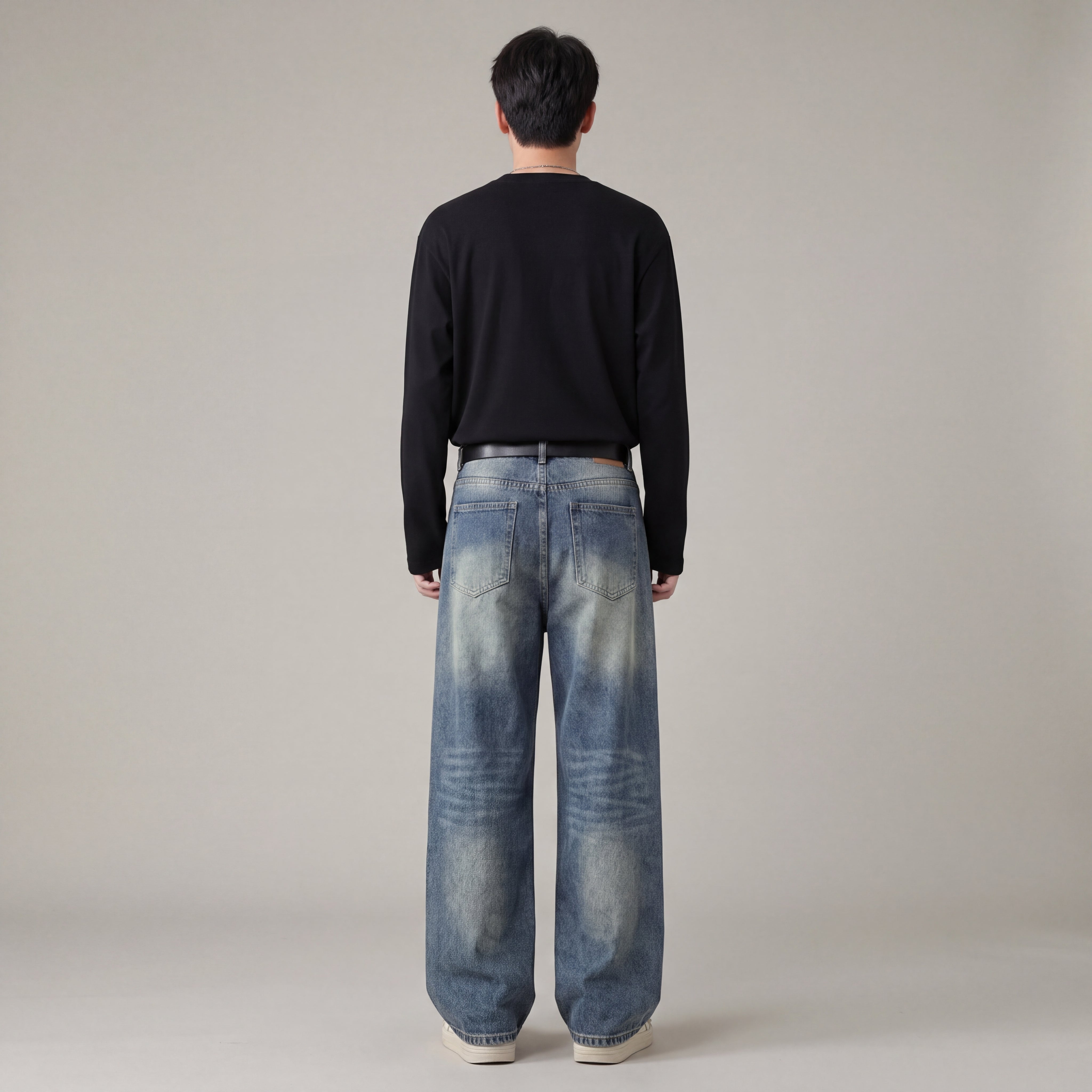 Men's Baggy Jeans in Faded Denim with Exposed Stitching