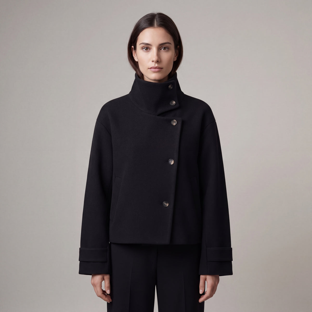 Wool Blend Jacket with Mandarin Collar, Regular Fit