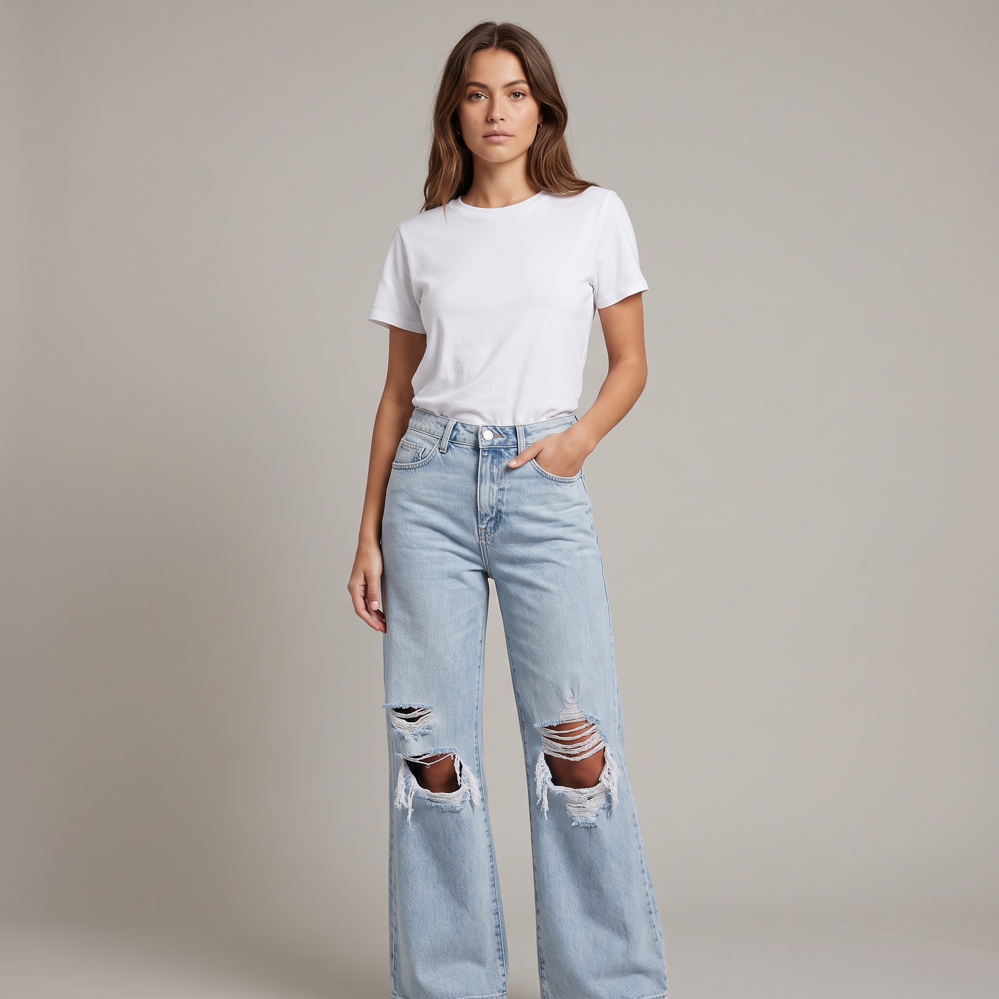 Boho High Waist Ripped Wide Leg Jeans