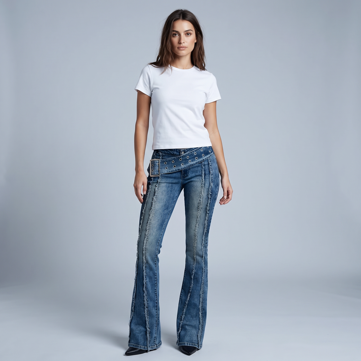 Low Rise Distressed Flare Jeans with Buckle