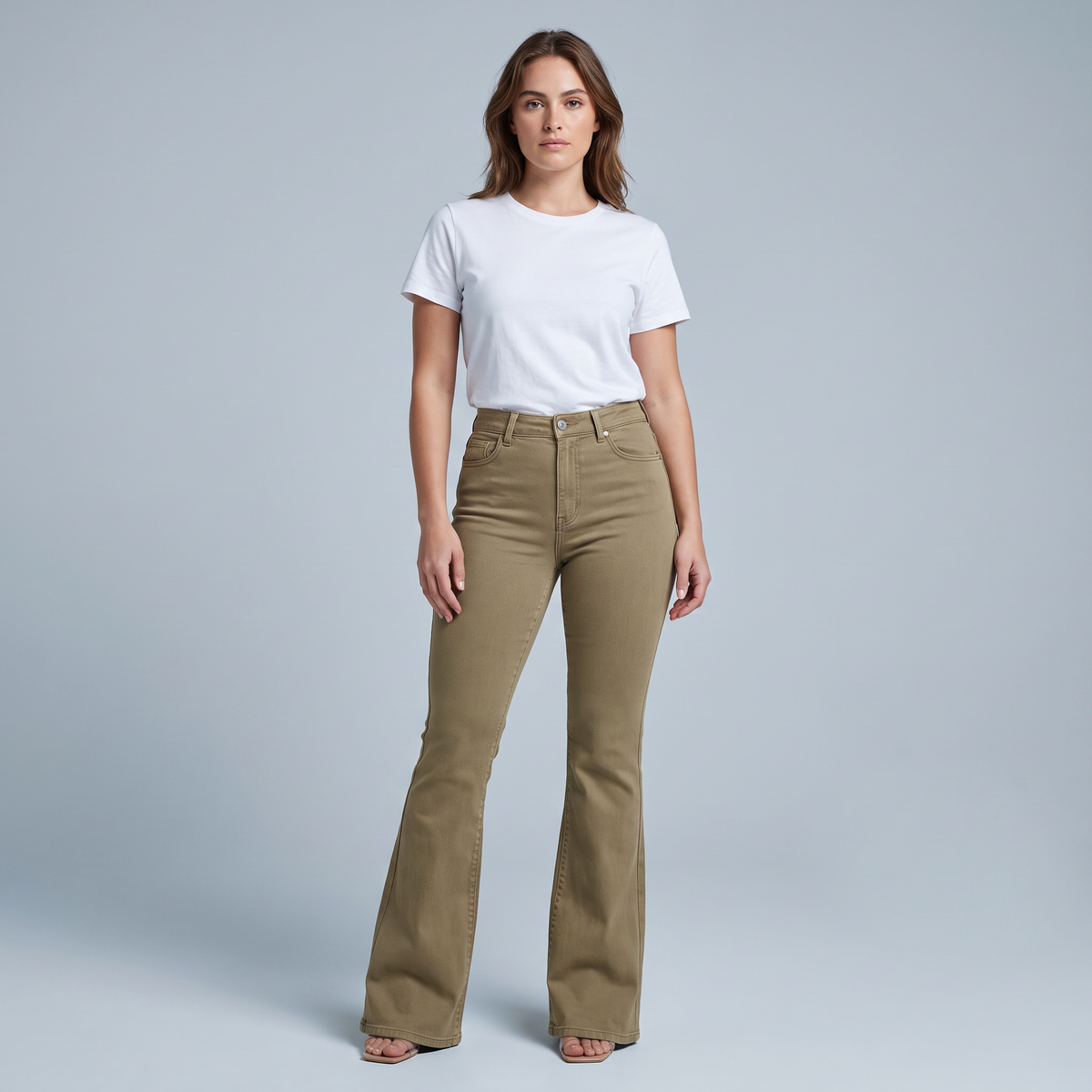 High Waist Flare Jeans in Khaki Denim