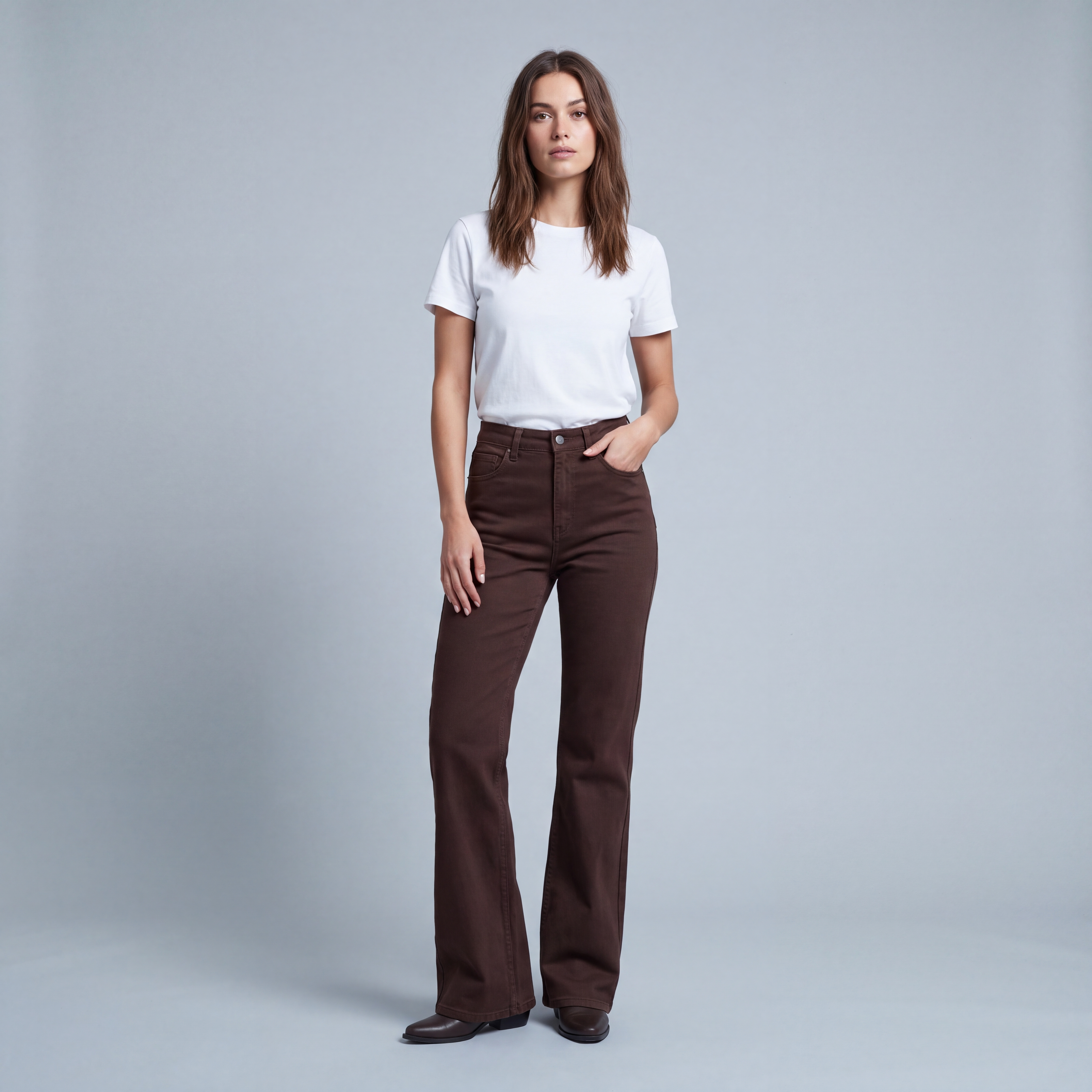 High-Waisted Flared Pants in Brown Leather-Look Fabric