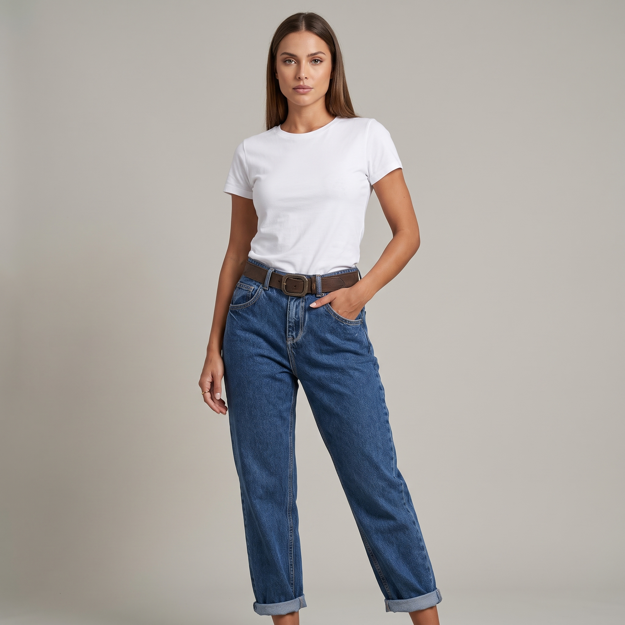 Women's High-Waisted Blue Denim Mom Jeans with Straight Leg