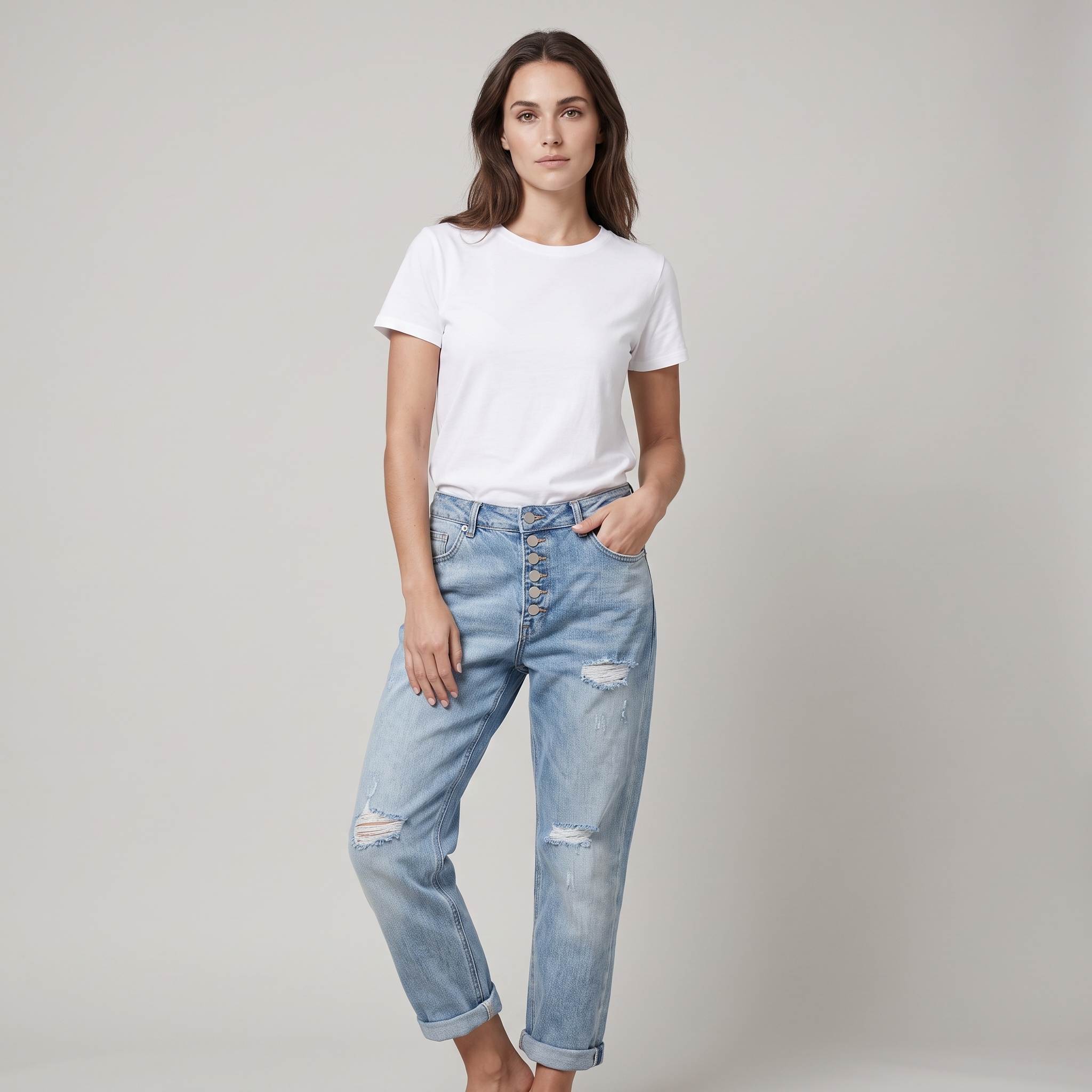 Women's High-Waisted Light Blue Distressed Mom Jeans with Buttons
