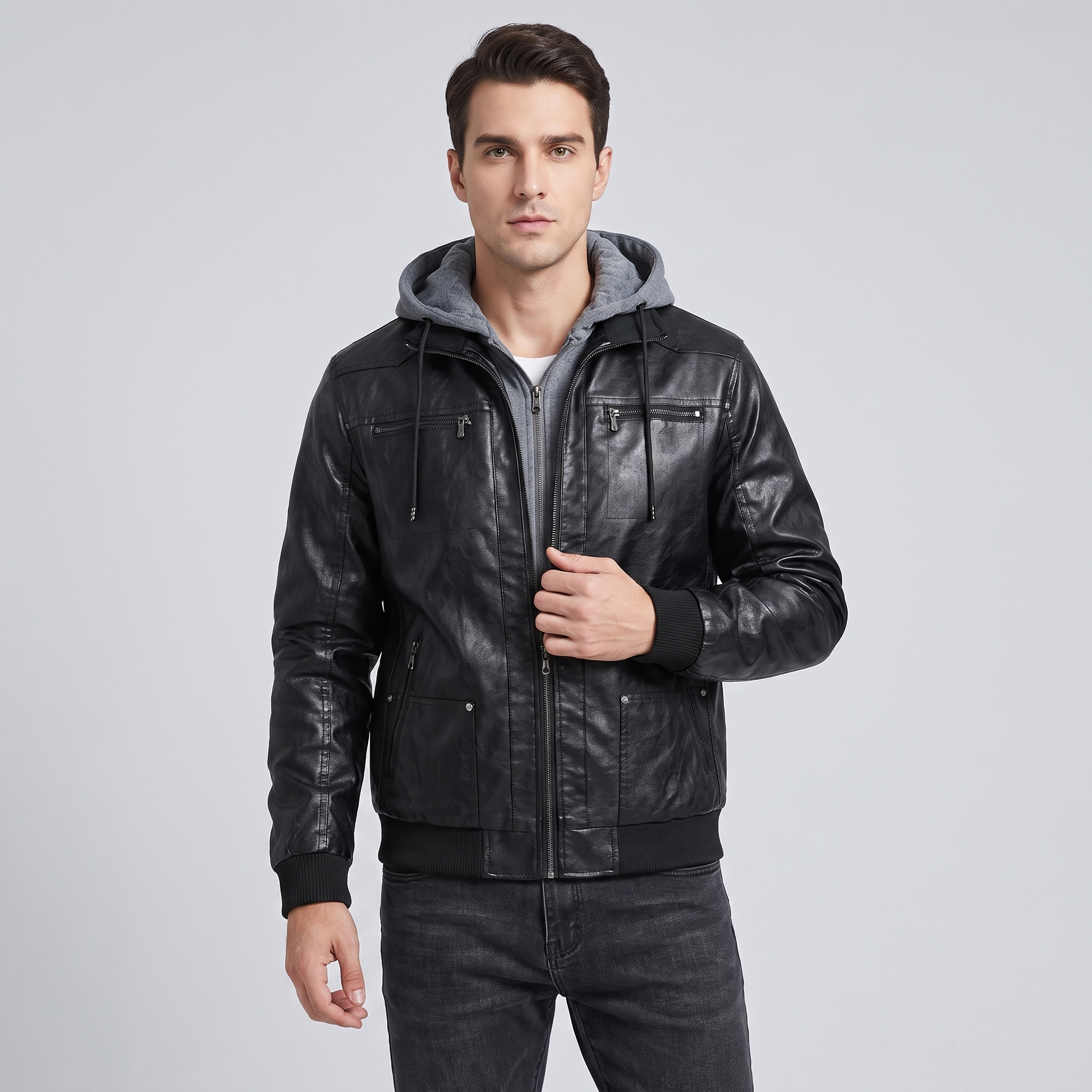 Fall Men's Black Leather Jacket with Removable Hood | Biker Jacket
