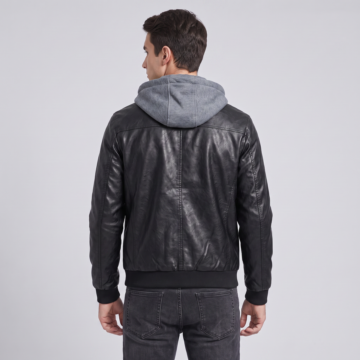 Fall Men's Black Leather Jacket with Removable Hood | Biker Jacket