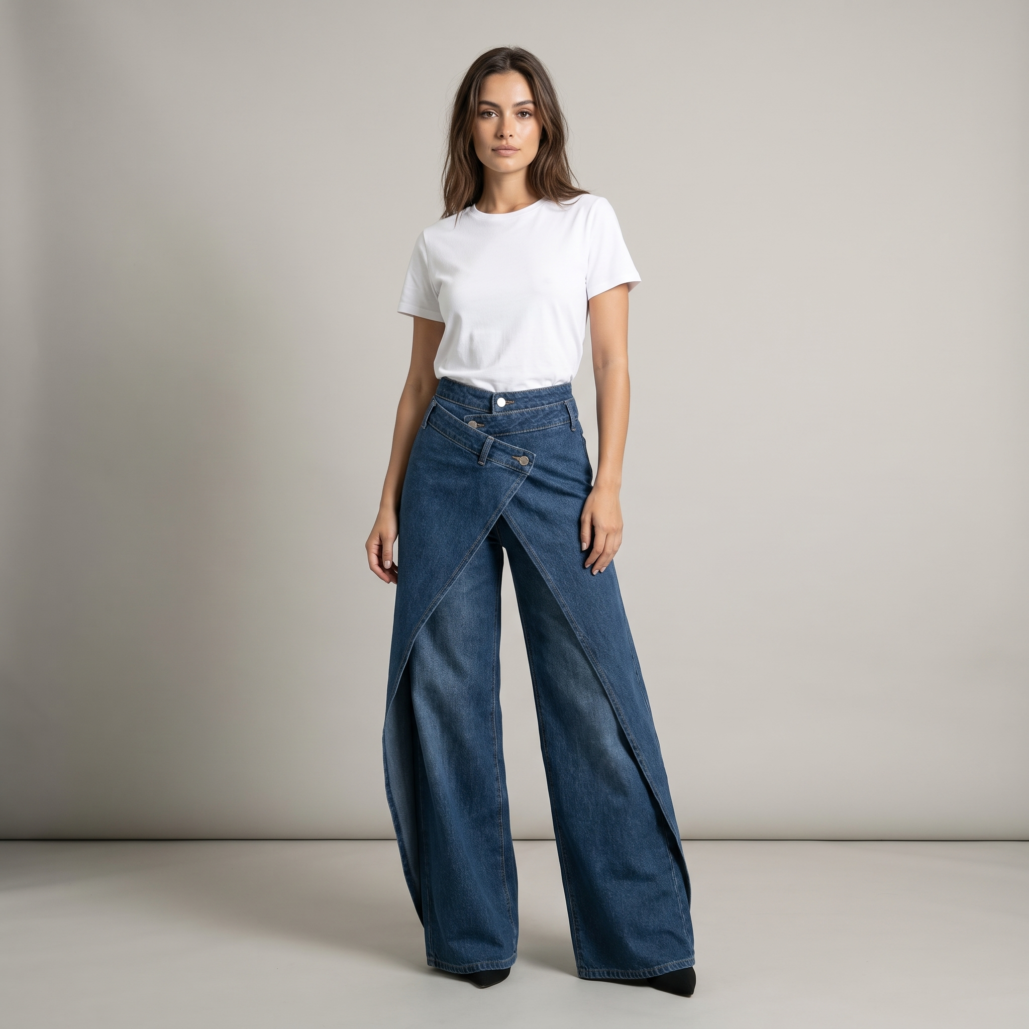 Women's High Waist Baggy Jeans with Draped Panel