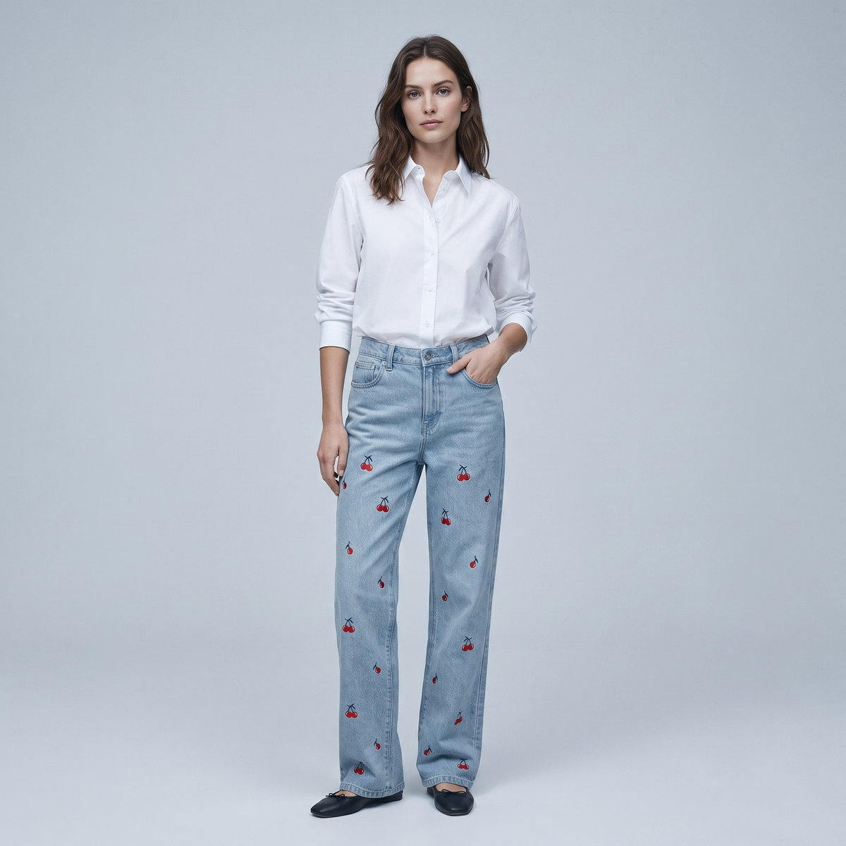 Women's High-Waisted Baggy Jeans with Cherry Embroidery
