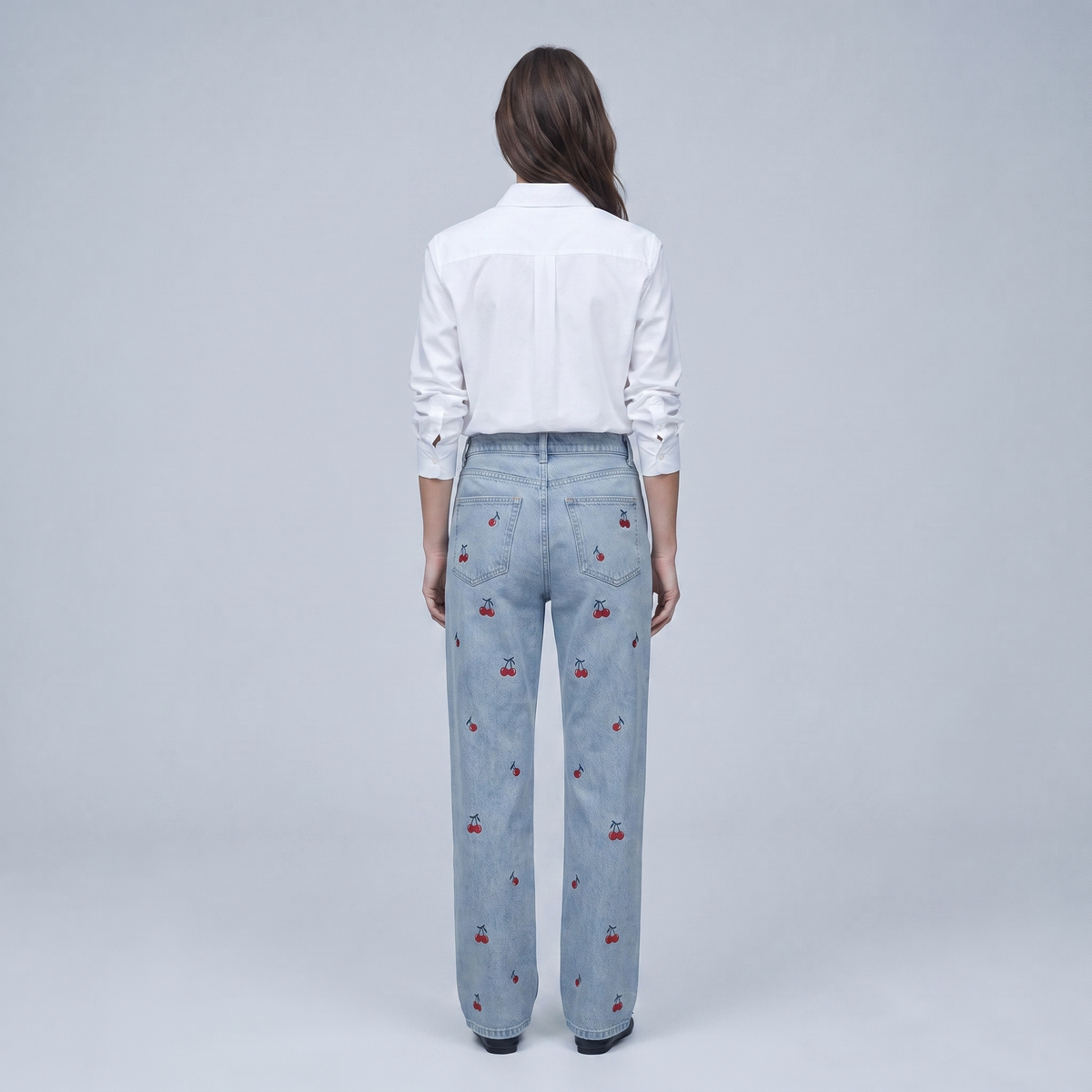 Women's High-Waisted Baggy Jeans with Cherry Embroidery