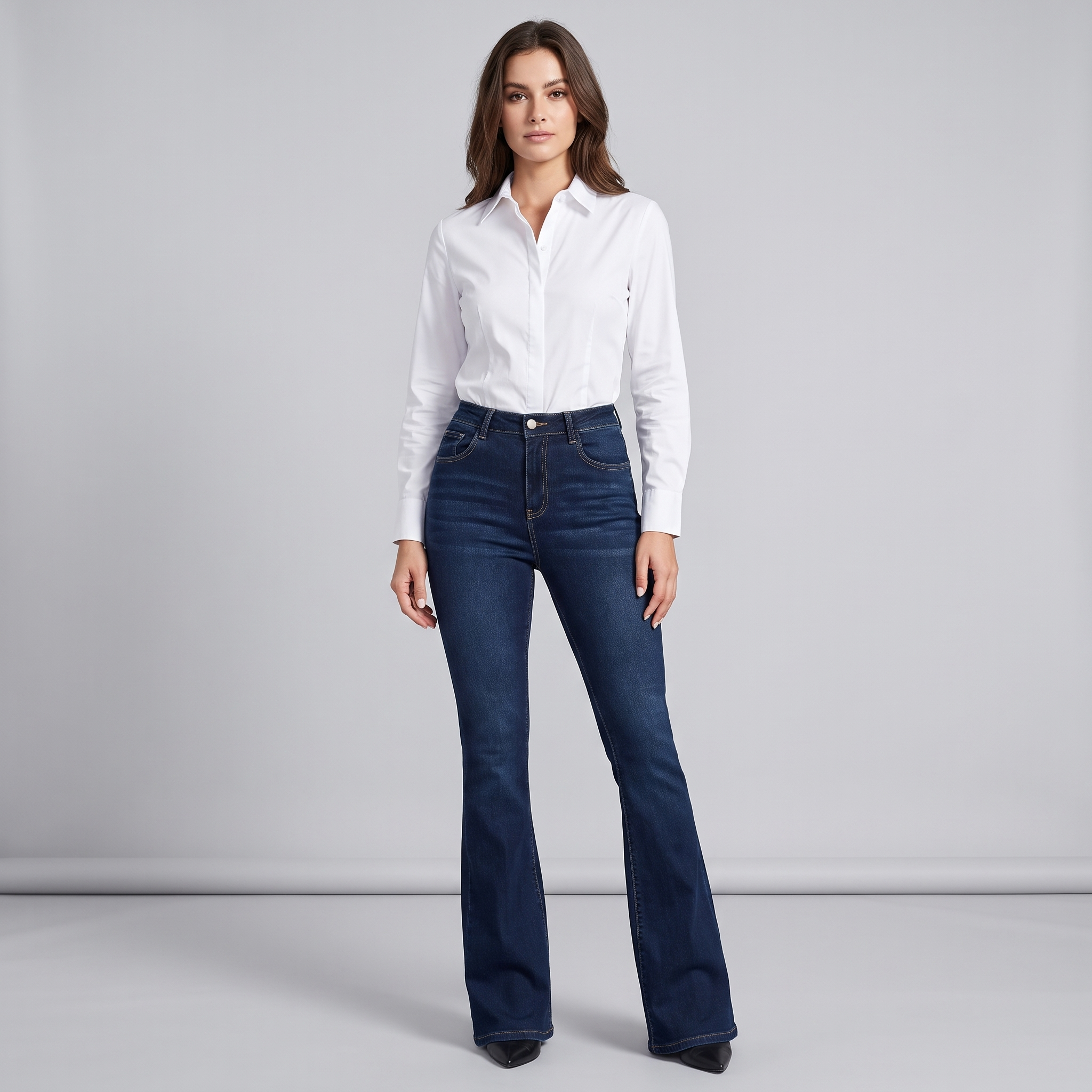 Women's High-Waisted Dark Blue Bootcut Jeans with Raw Hem