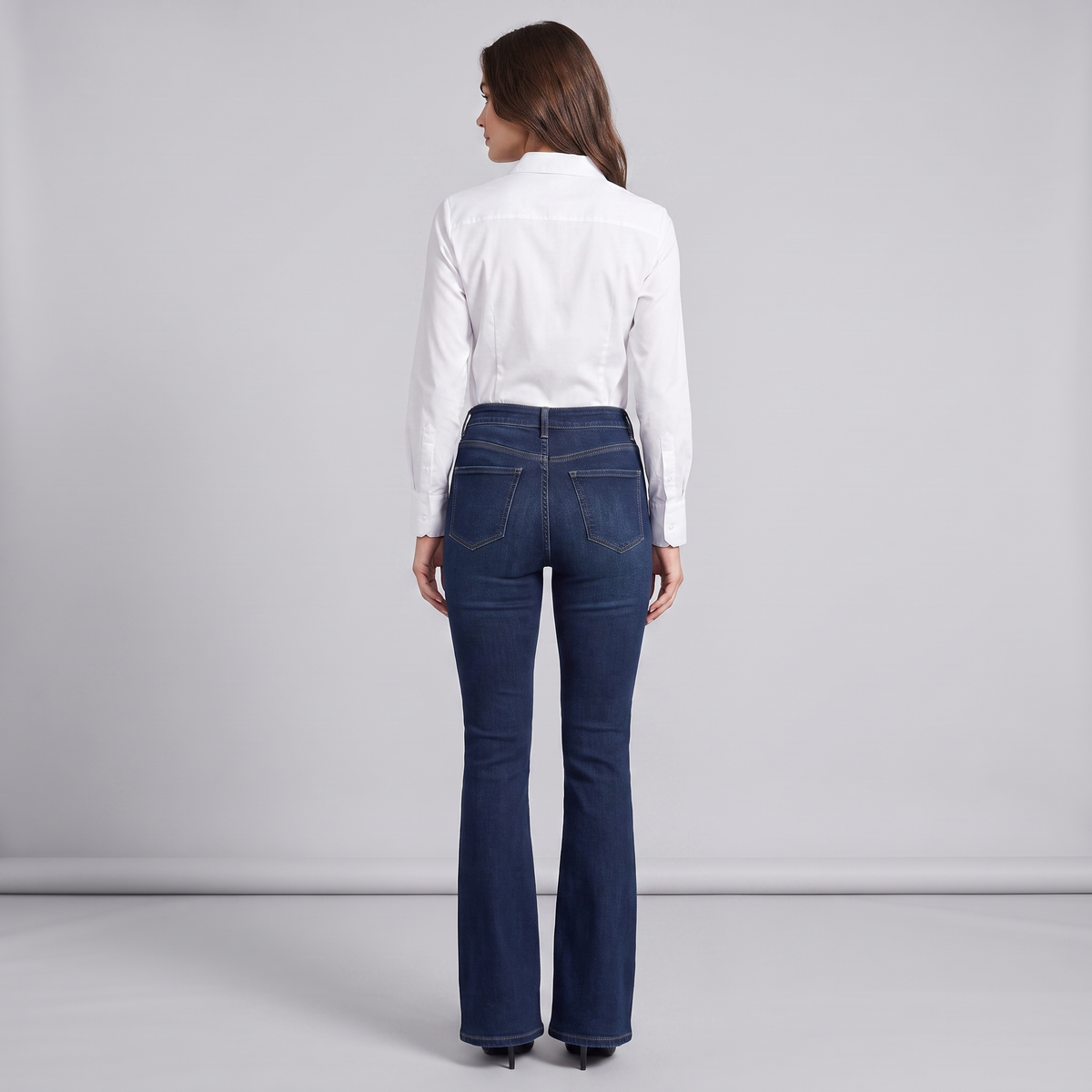 Women's High-Waisted Dark Blue Bootcut Jeans with Raw Hem
