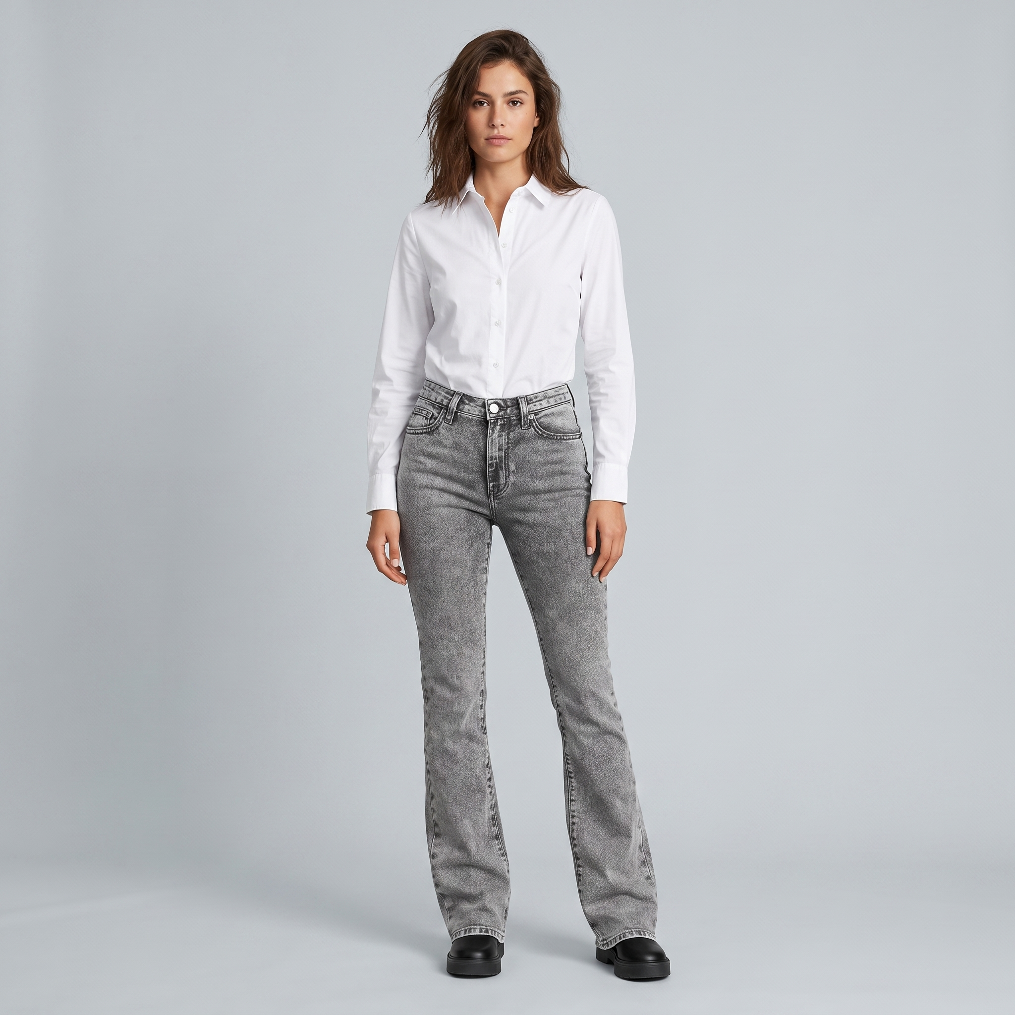 Women's High-Waisted Grey Acid Wash Bootcut Jeans