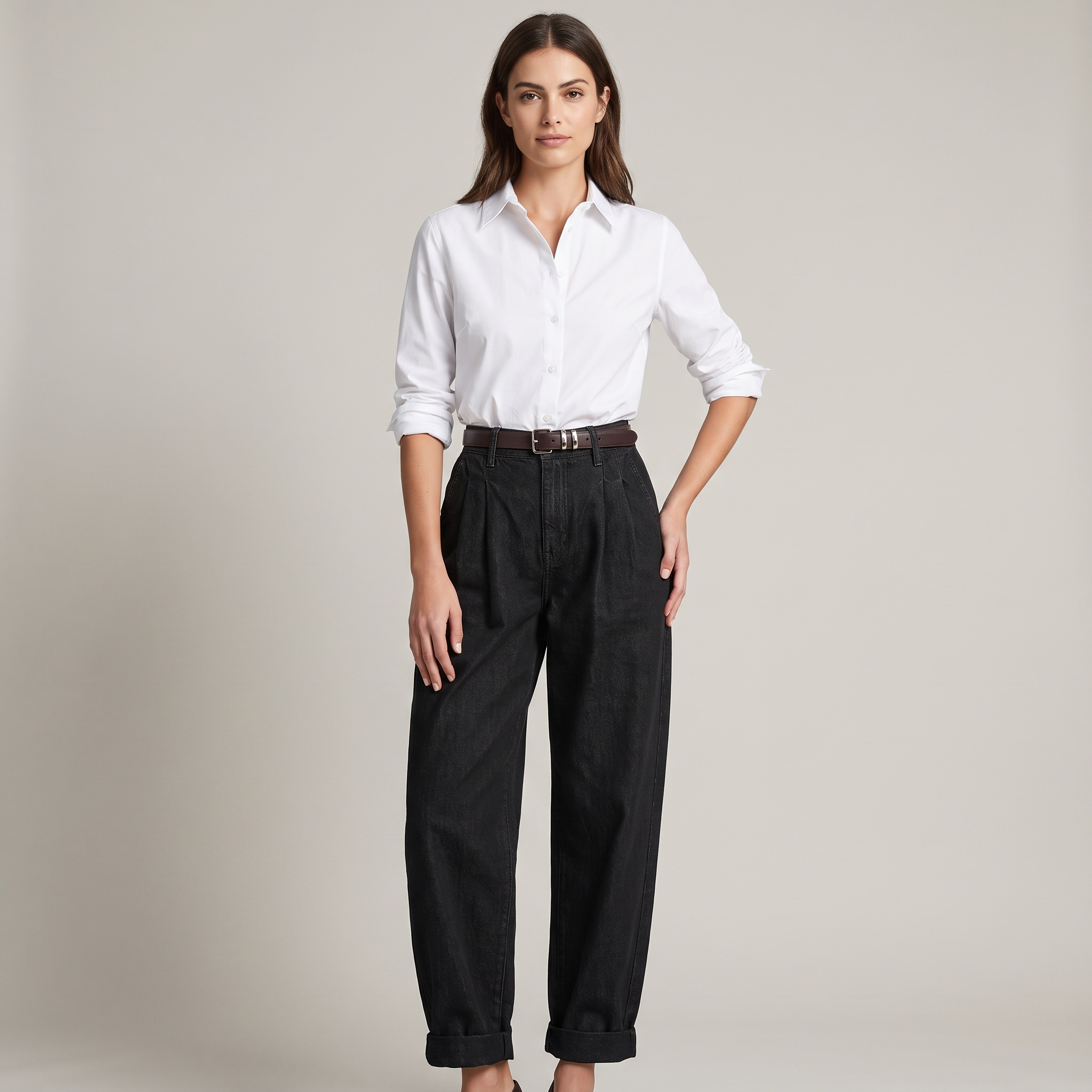 Women's High-Waisted Black Jeans with Balloon Fit and Belted Cuffs