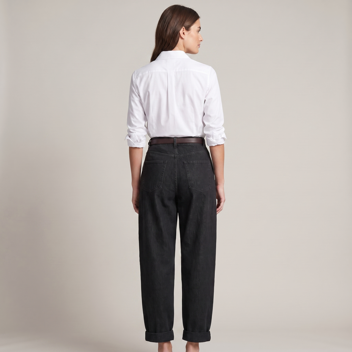 Women's High-Waisted Black Jeans with Balloon Fit and Belted Cuffs