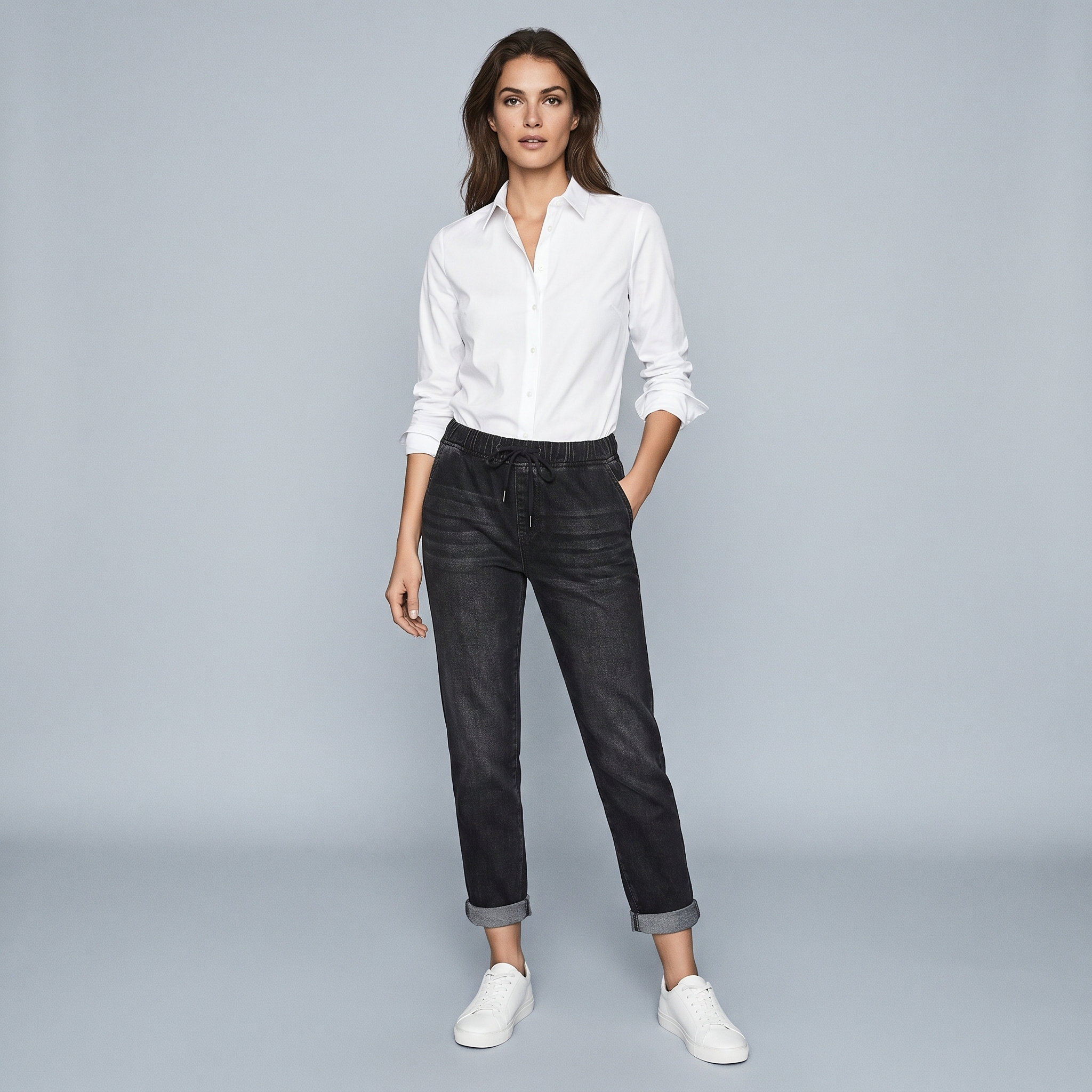 Women's High-Waisted Black Mom Jeans with Drawstring Cuffs
