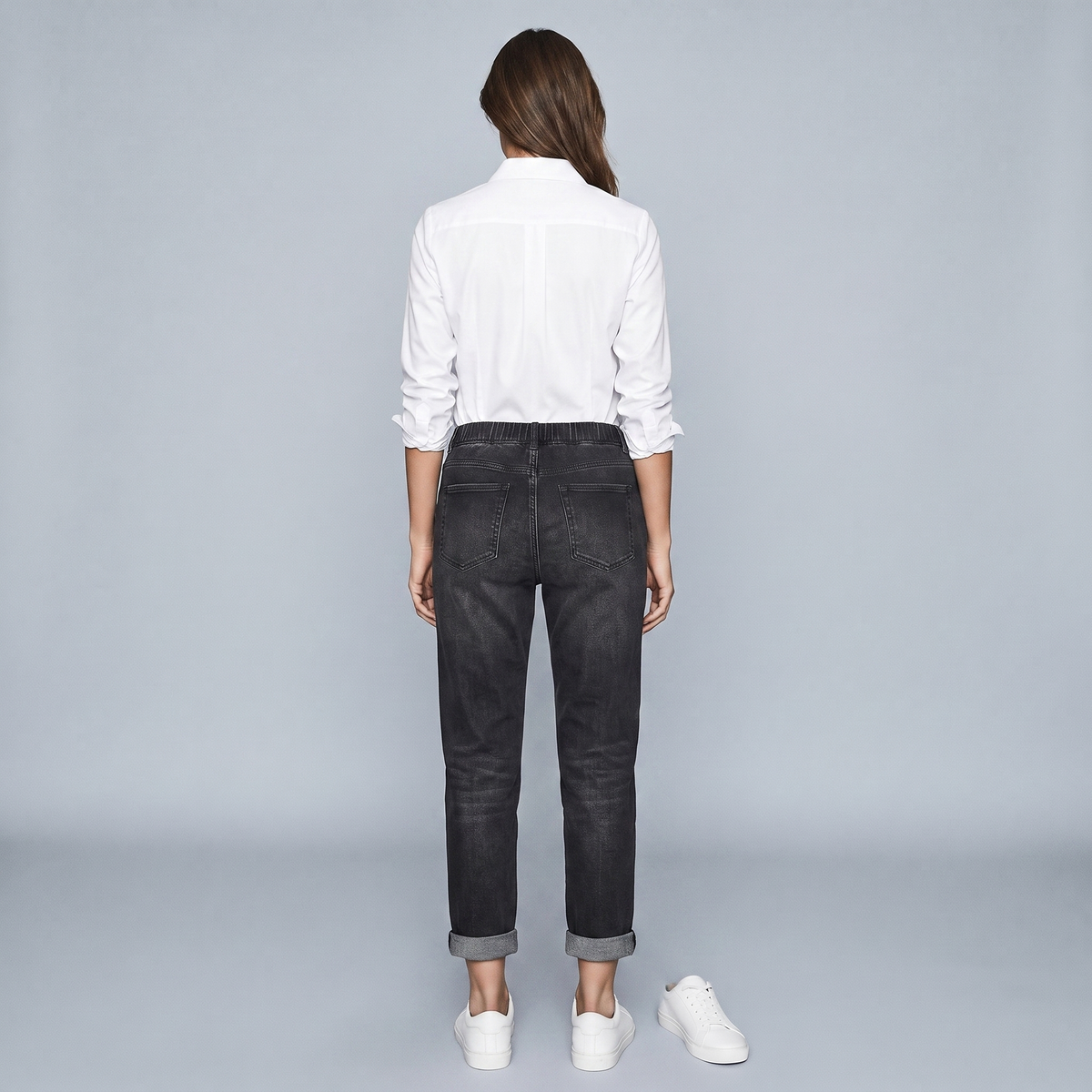 Women's High-Waisted Black Mom Jeans with Drawstring Cuffs