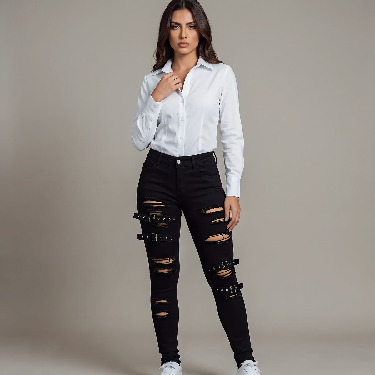 Women's Black Jeans with Distressed Wide-Leg Buckles
