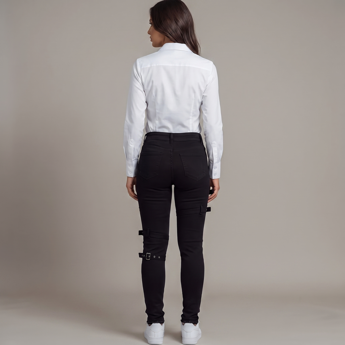 Women's Black Jeans with Distressed Wide-Leg Buckles