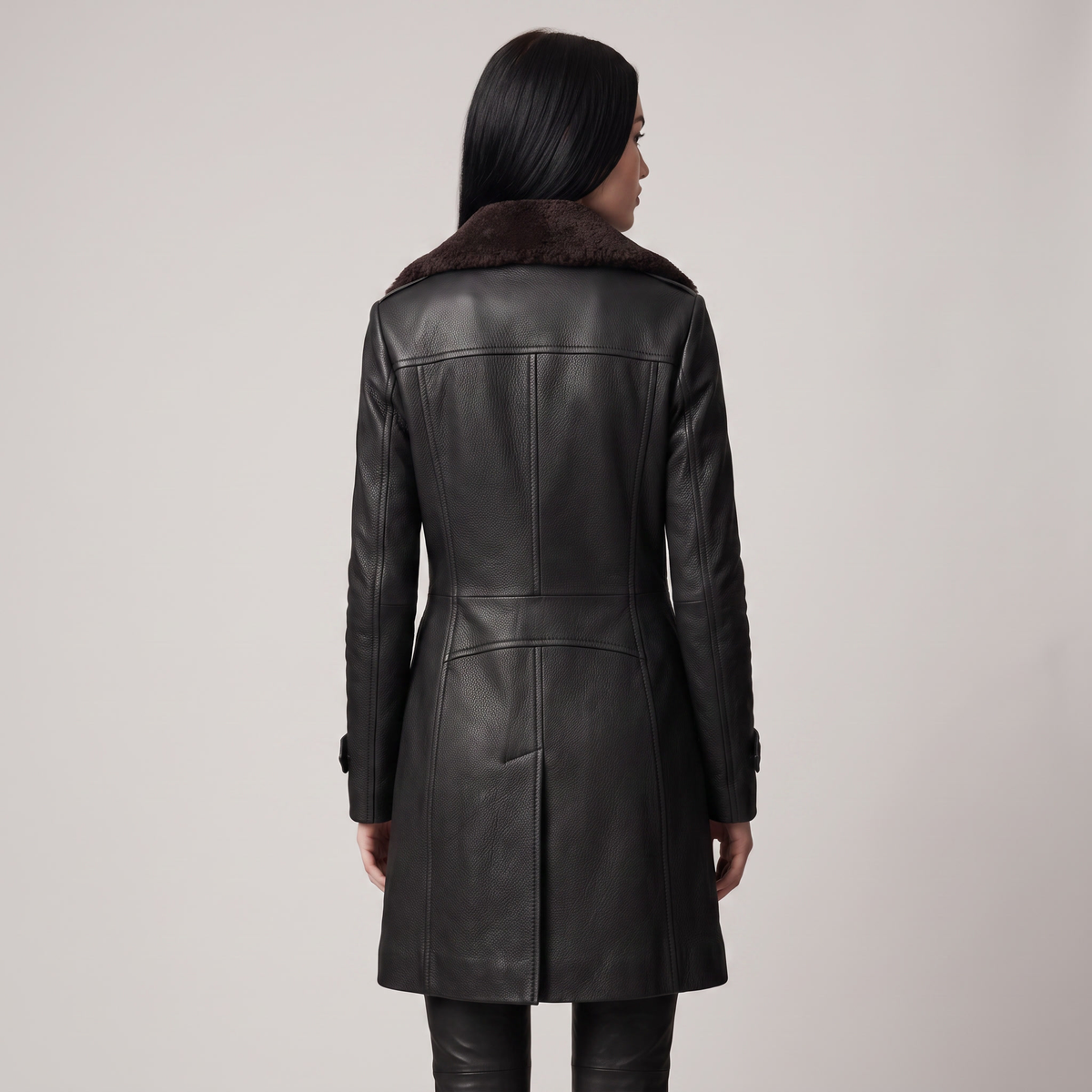 Women's Textured Leather Trench Coat with Long Sleeves