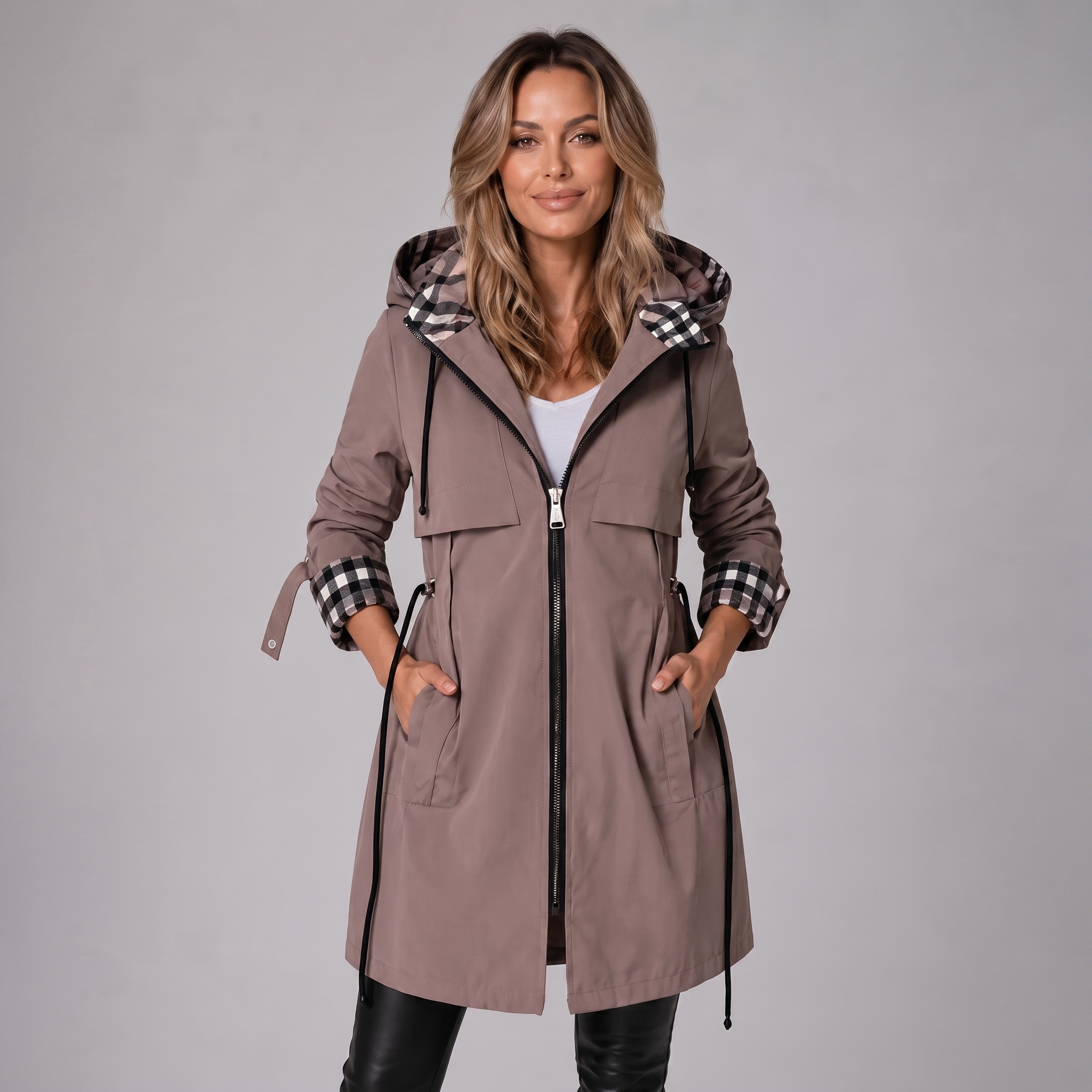Women's Longline Hooded Trench Coat with Adjustable Waist and Zip