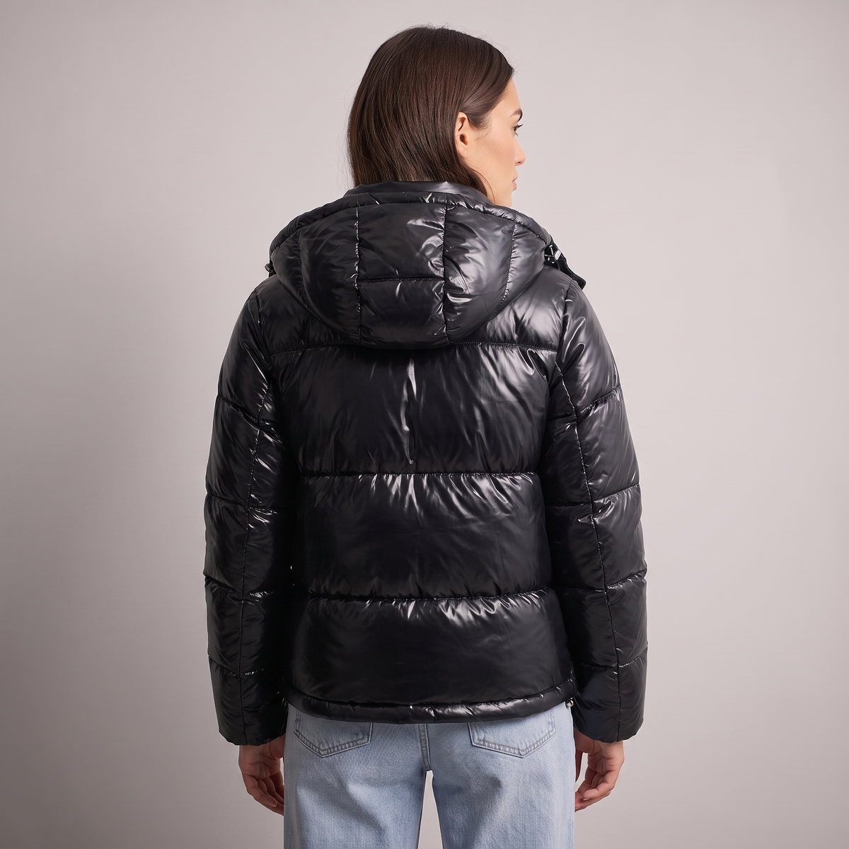 Puffer Jacket Women Hooded Quilted Glossy Finish