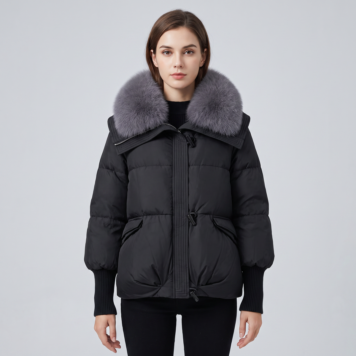 Puffer Jacket Women Faux Fur Collar Ribbed Cuffs