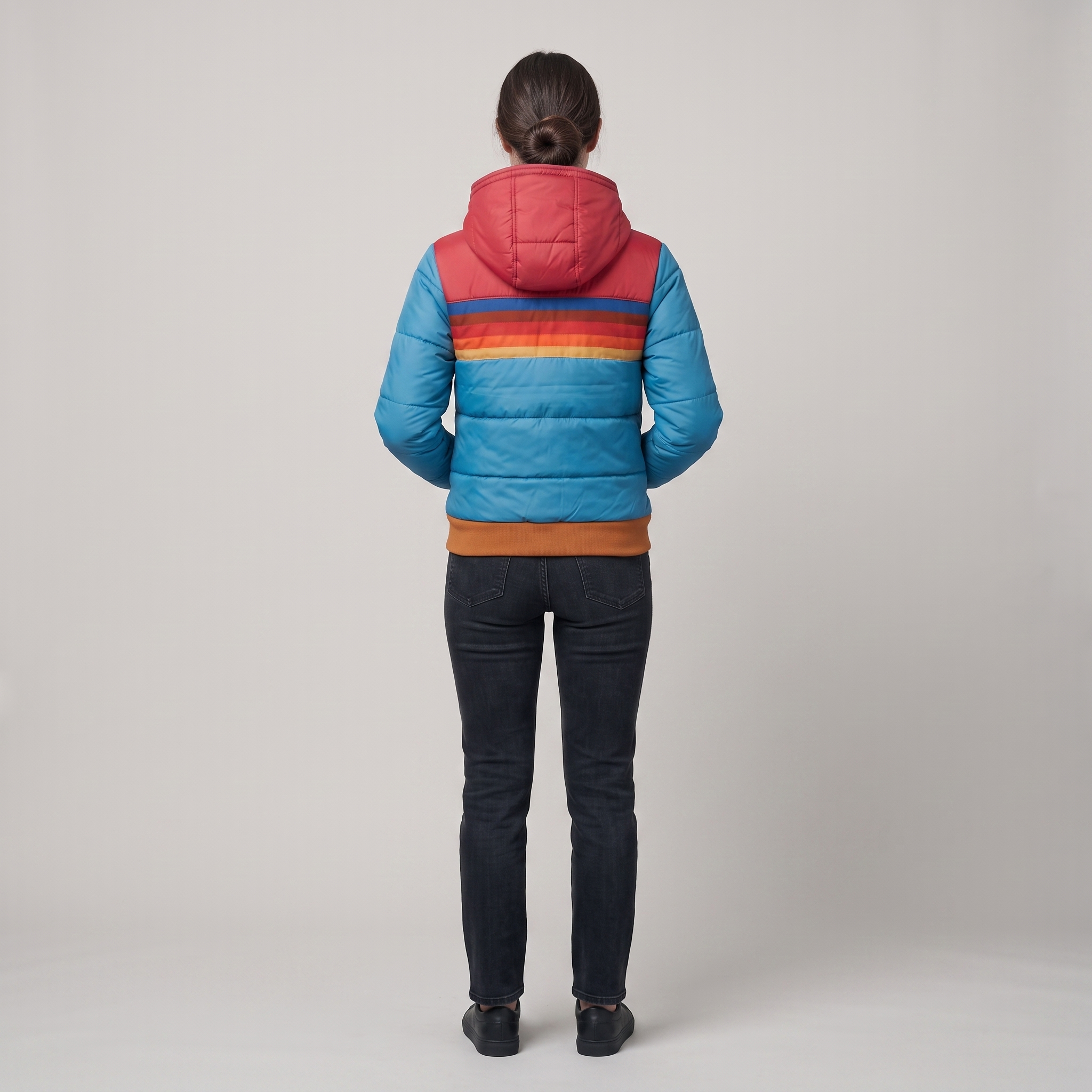 Puffer Jacket Women Hooded Quilted Rainbow Colorblock