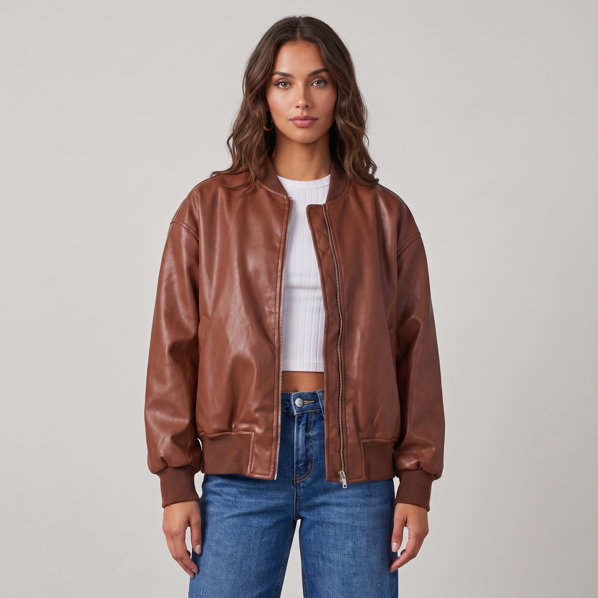 Women’s Leather Bomber Jacket with Zip and Ribbed Cuffs
