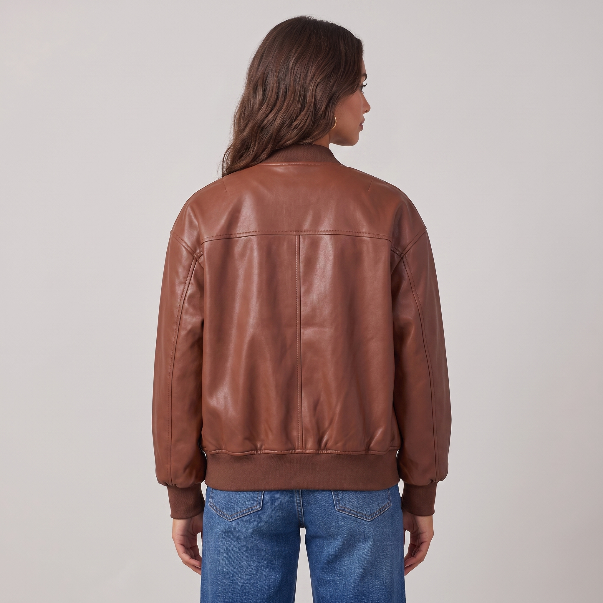 Women’s Leather Bomber Jacket with Zip and Ribbed Cuffs