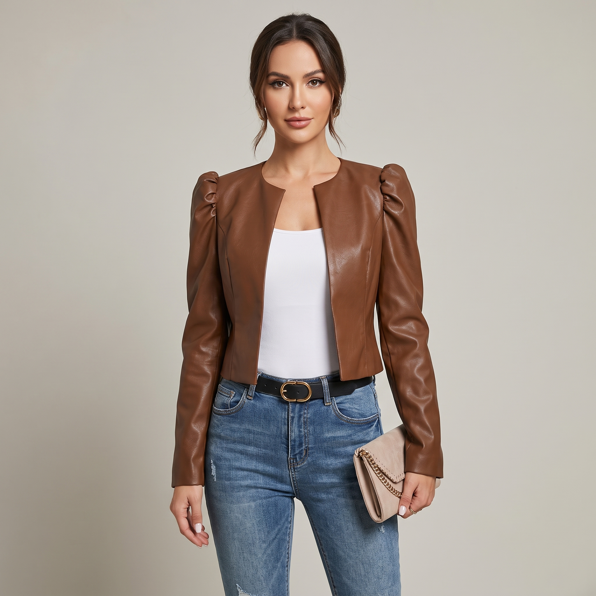 Women’s Short Faux Leather Jacket with Puff Sleeves