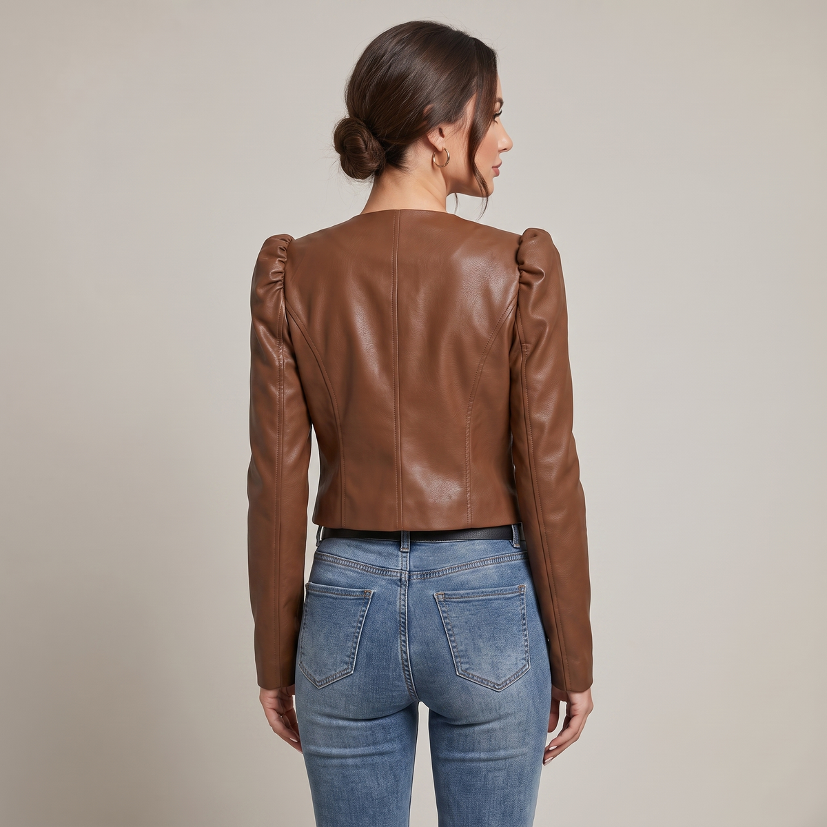 Women’s Short Faux Leather Jacket with Puff Sleeves