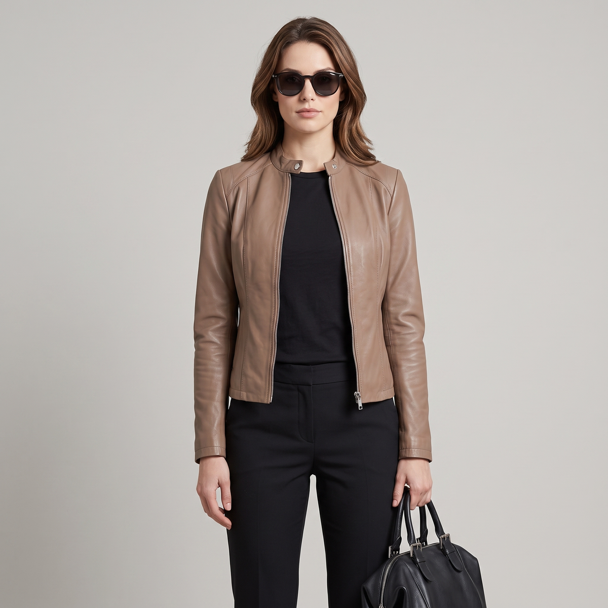 Women’s Short Leather Motorbike Jacket with Zip
