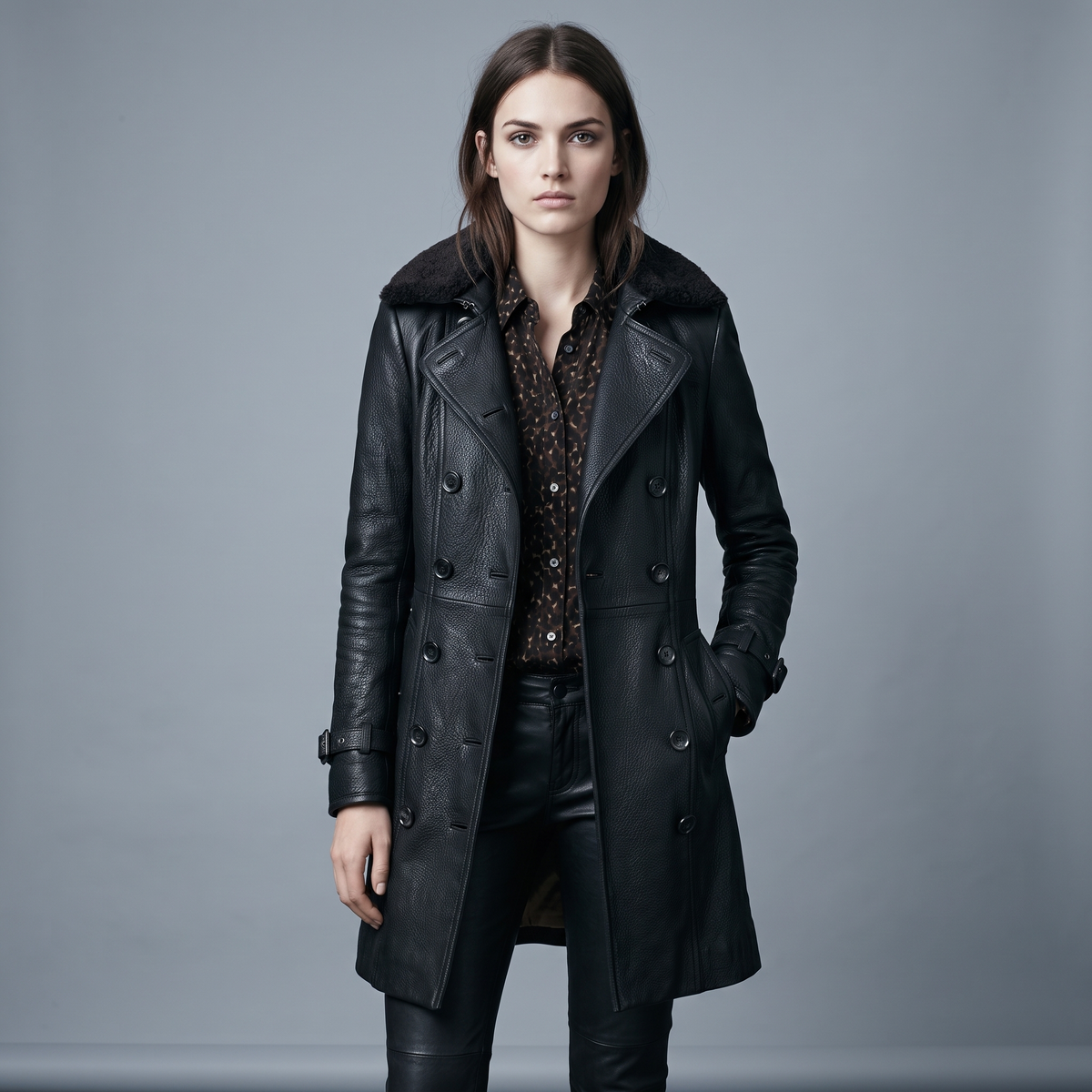 Women’s Black Shearling Double-Breasted Leather Jacket