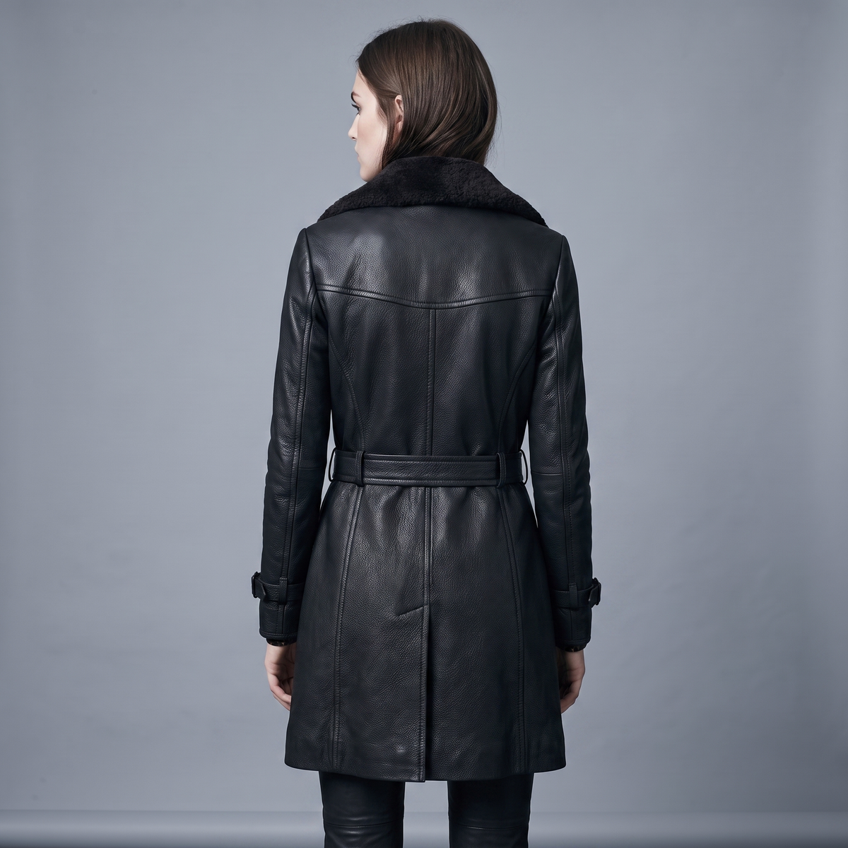 Women’s Black Shearling Double-Breasted Leather Jacket