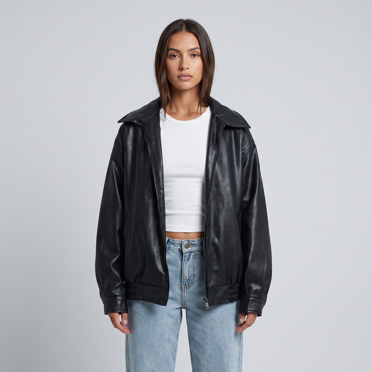 Oversized Women’s Faux Leather Jacket with Collar and Front Zip