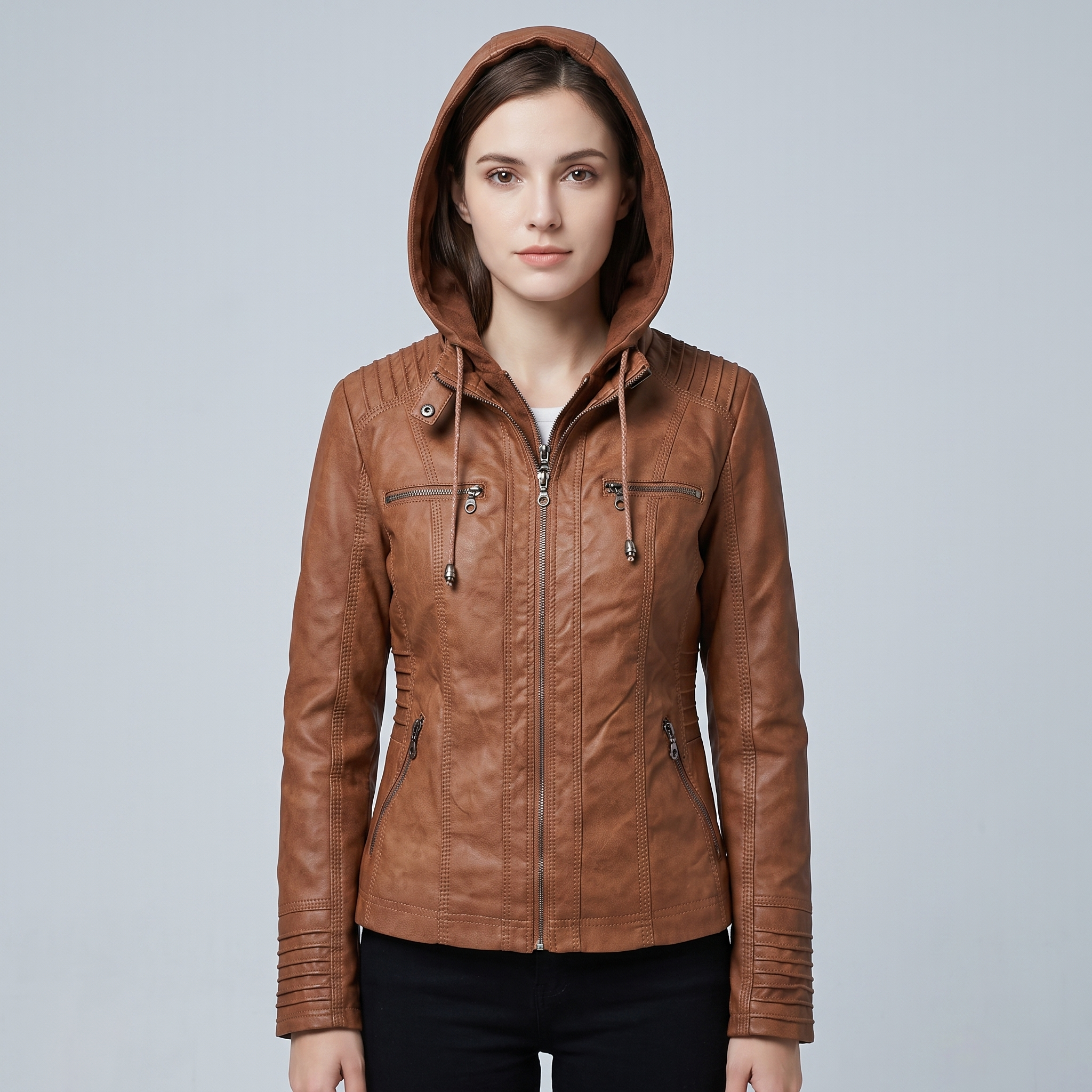 Women’s Quilted Leather Motorcycle Jacket with Hood