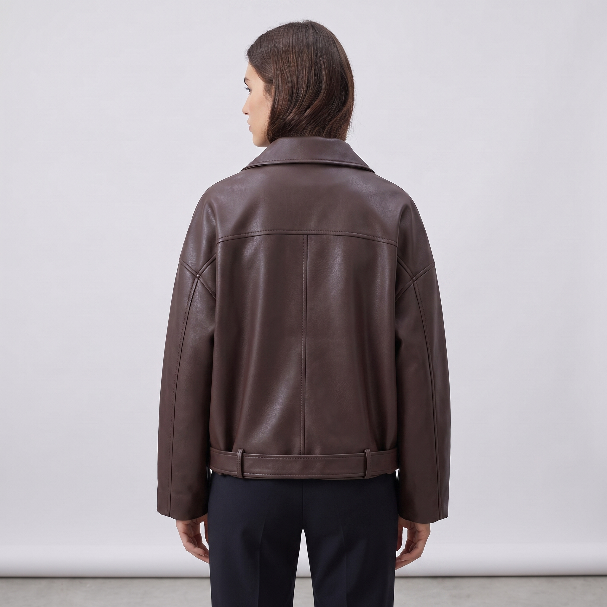 Women’s Oversized Leather Bomber Jacket with Belt