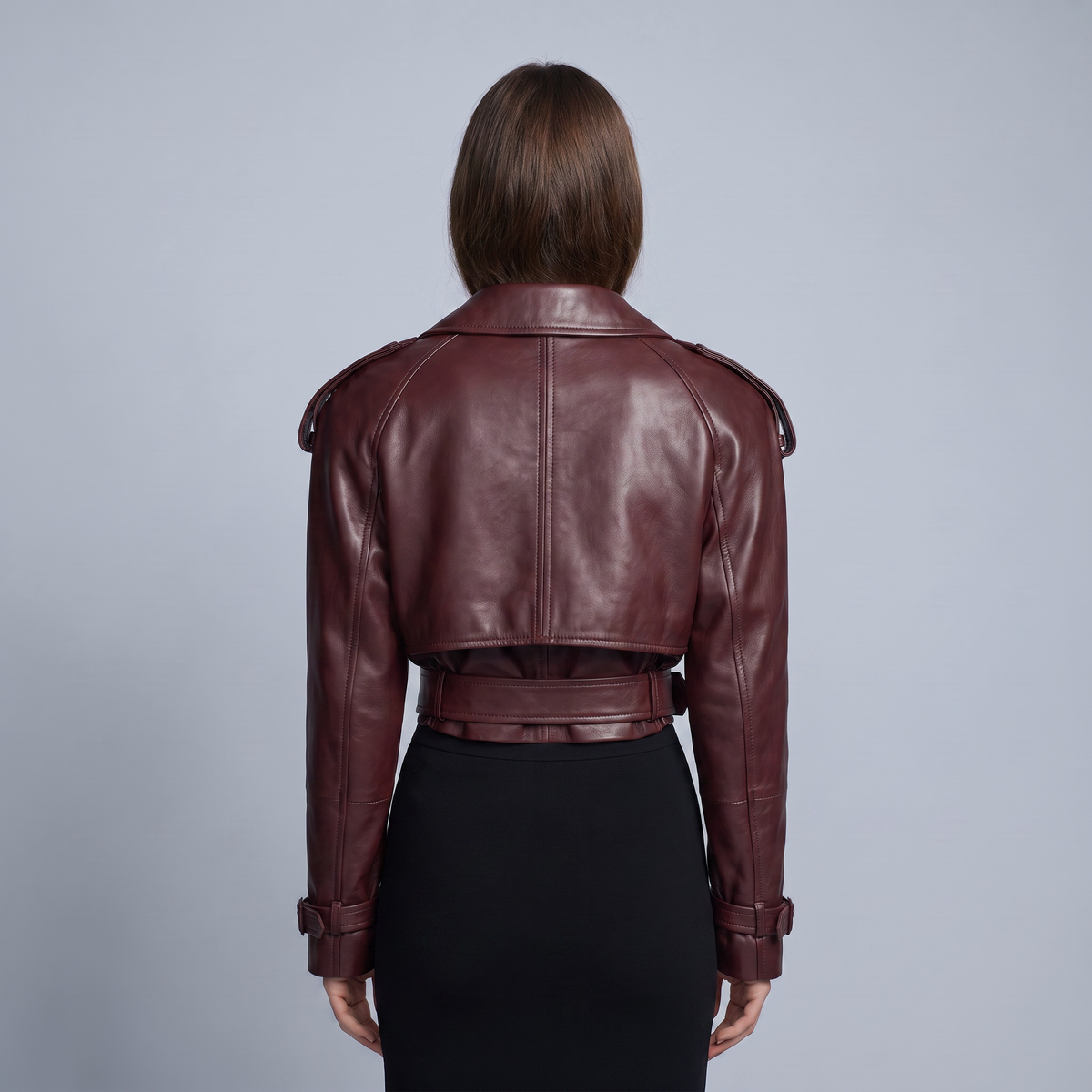 Women’s Short Brown Leather Jacket with Belt and Lapels