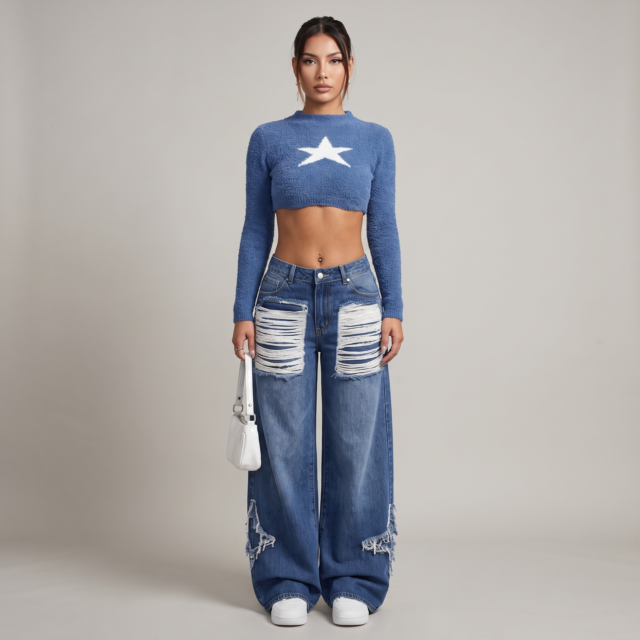 Baggy Jeans Women High Waist Wide Leg Frayed Denim