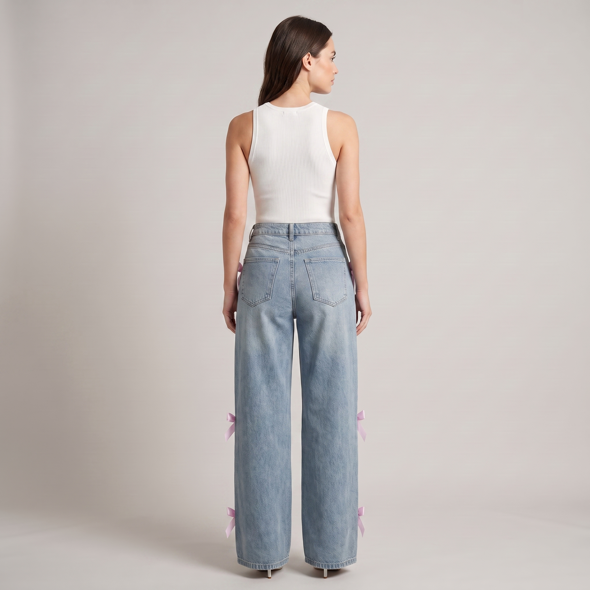Baggy Jeans Women High Waist Wide Leg Bow Detail