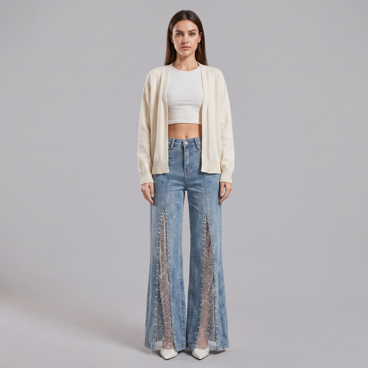 Baggy Jeans Women High Waist Wide Leg Pearl Lace