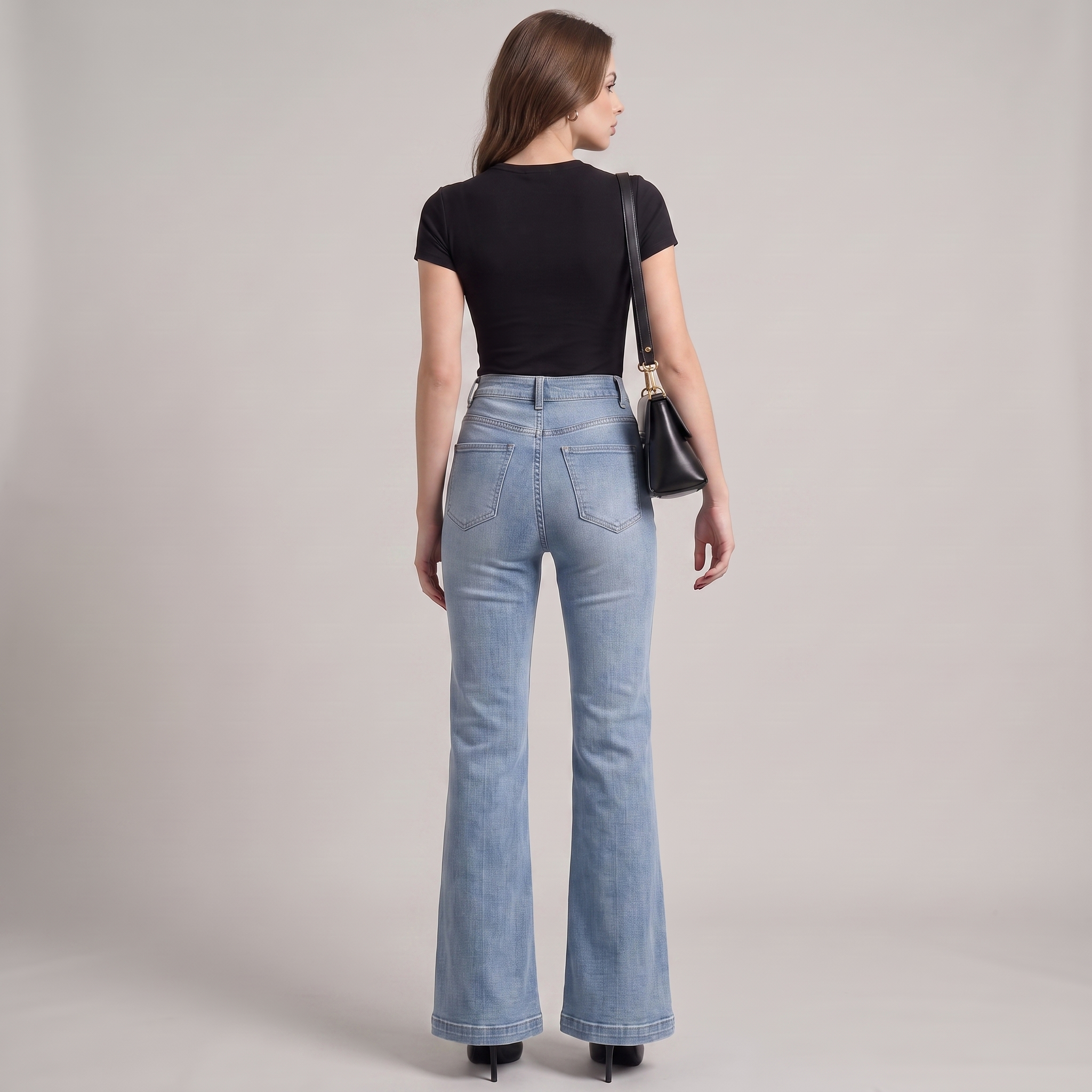 Flare Jeans Women High Waist Light Blue Button Detail