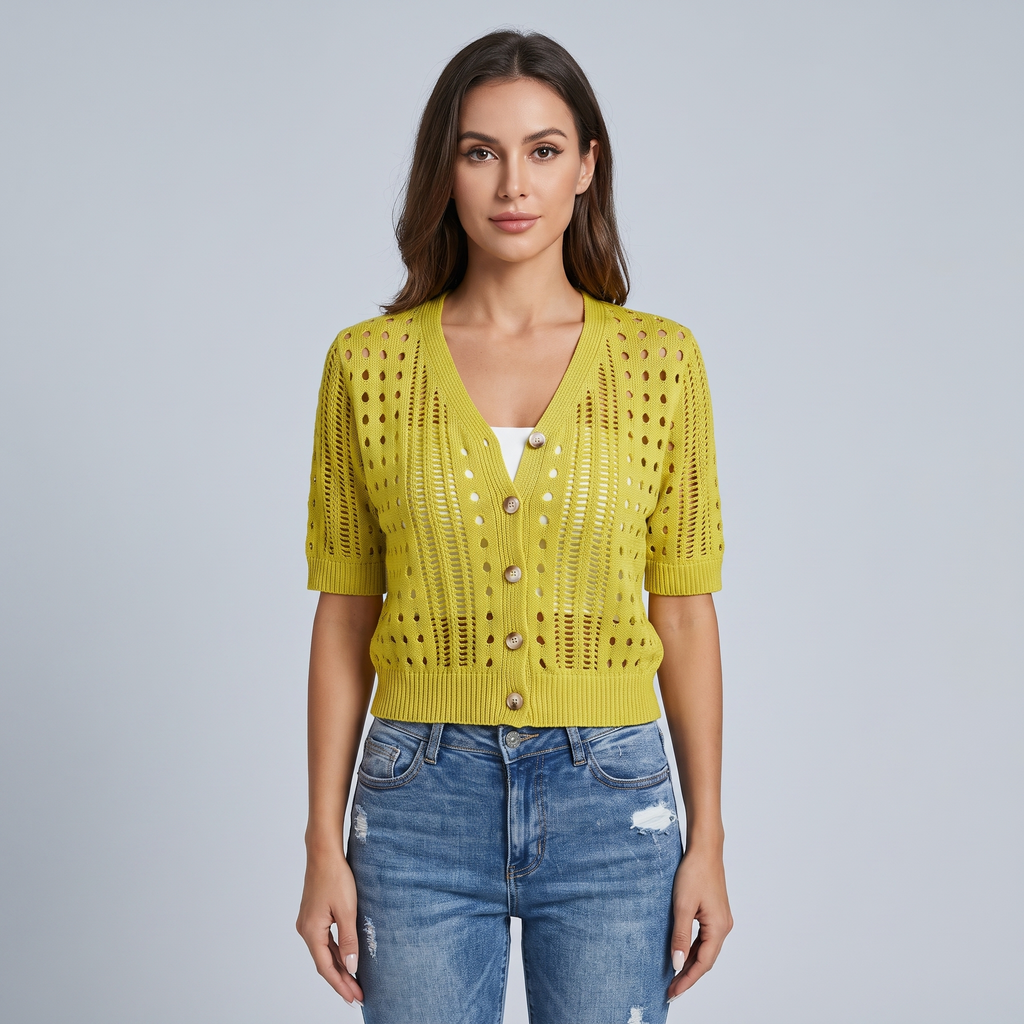 Women's Short-Sleeved Openwork Knit Cardigan